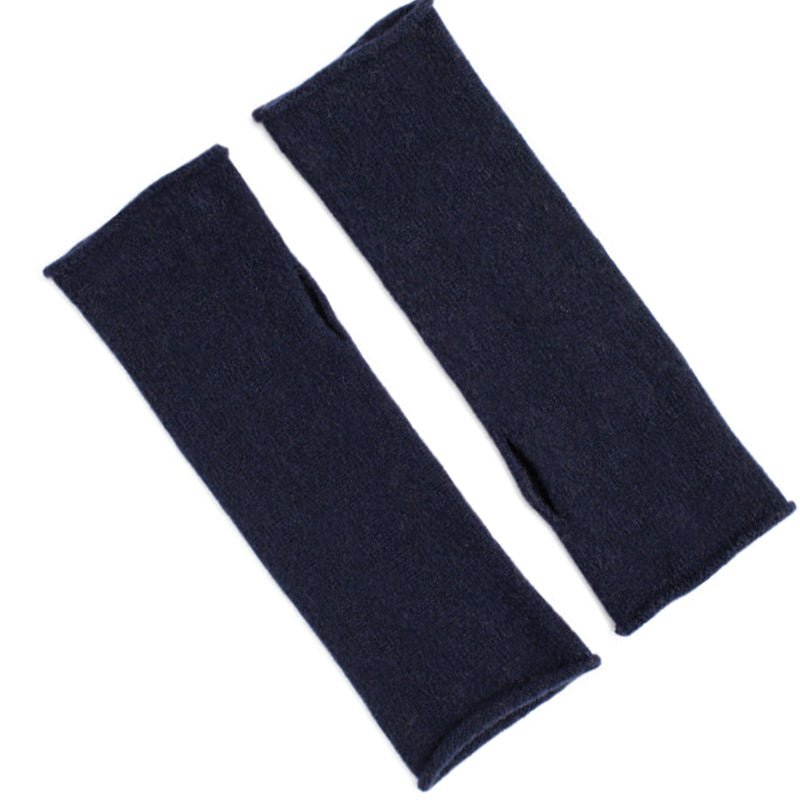 Campbells of Beauly Cashmere & Merino Fingerless Mittens in navy are laid flat on a white background, each featuring a thumb hole—perfect for keeping your hands cozy and stylish.