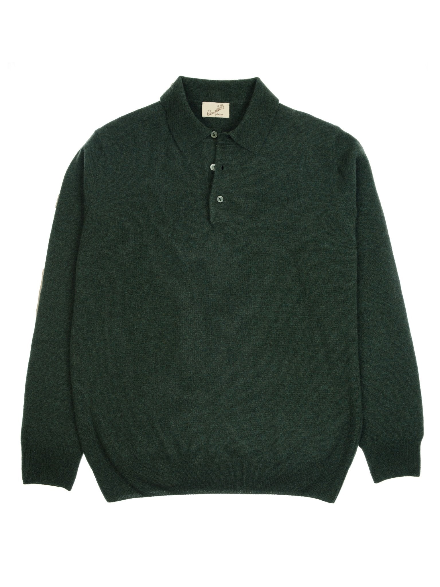 The Campbell's of Beauly Merino & Cashmere Shirt Jumper in dark green features a collar, three-button neckline, and ribbed hem and cuffs—a sophisticated piece of men's knitwear shown laid flat on a white background.