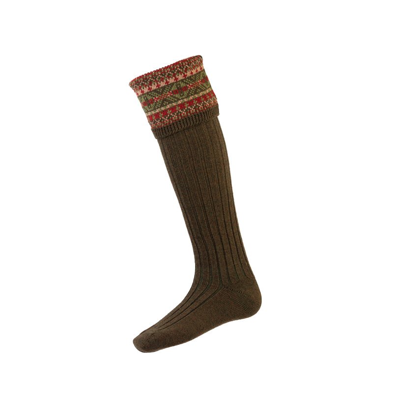 A single Campbells of Beauly Fairisle Shooting Sock in Bracken, knee-high with a ribbed texture and patterned cuff, crafted from soft merino blend knitwear heritage, shown on a white background.