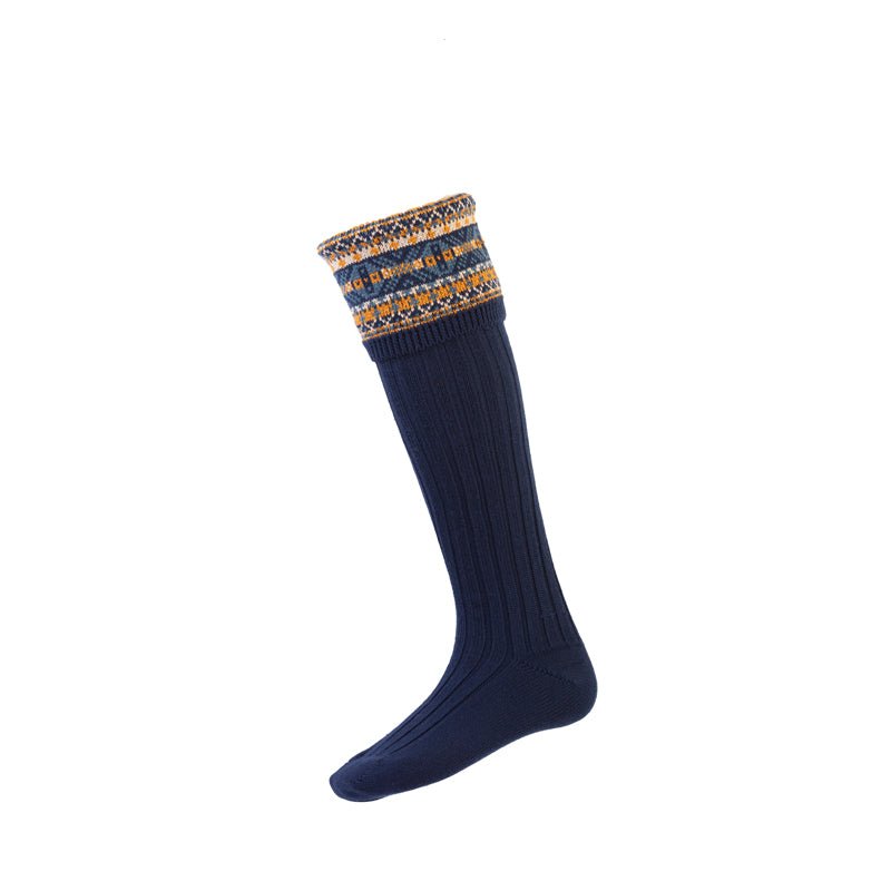 A single Campbells of Beauly Fairisle Shooting Sock in navy, featuring a ribbed texture and colorful patterned cuff, crafted from a soft merino blend, is shown against a white background.