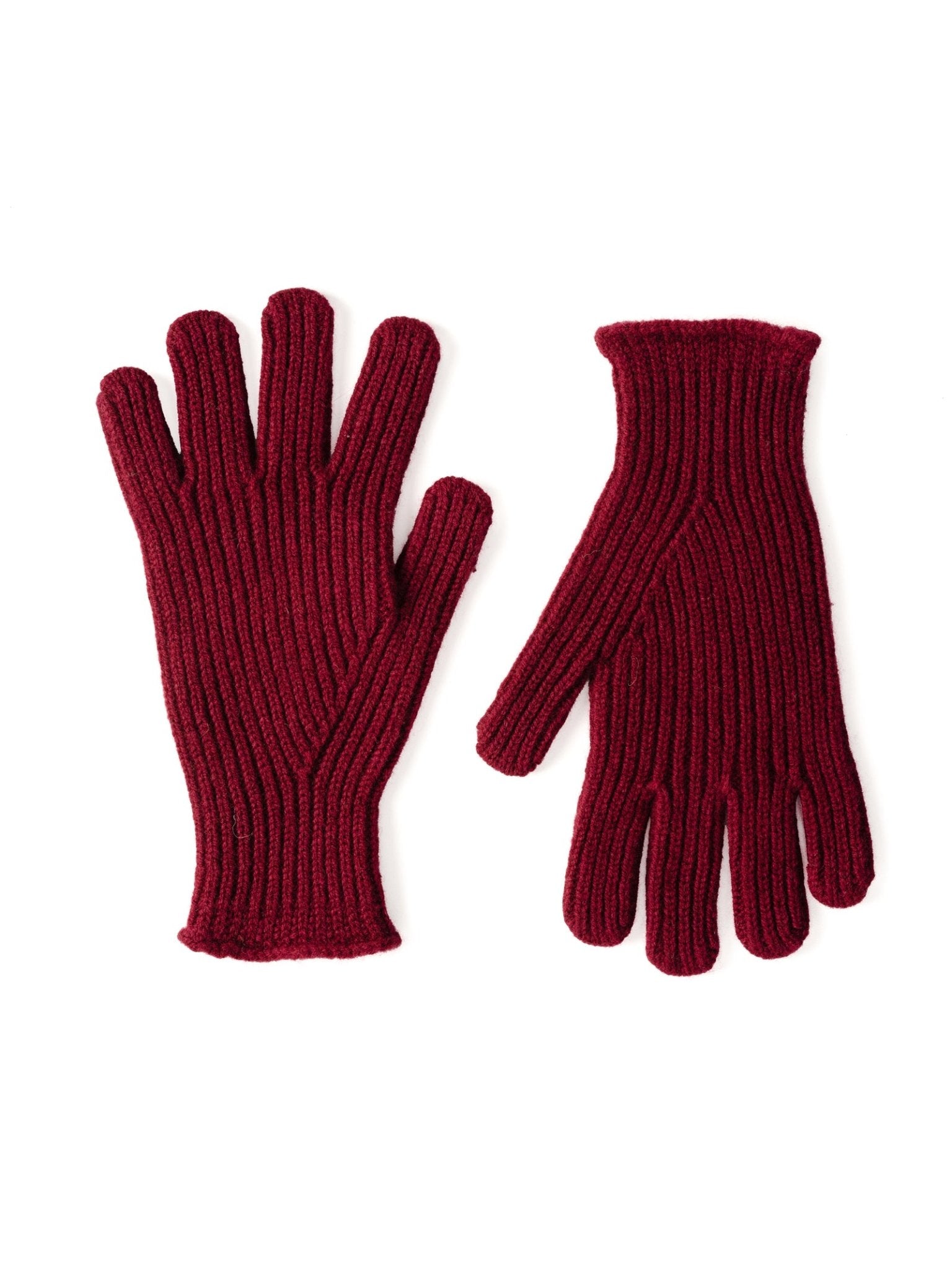Campbells of Beauly Lambswool Rib Gloves in Bordeaux, featuring a ribbed texture, shown flat on a white background.