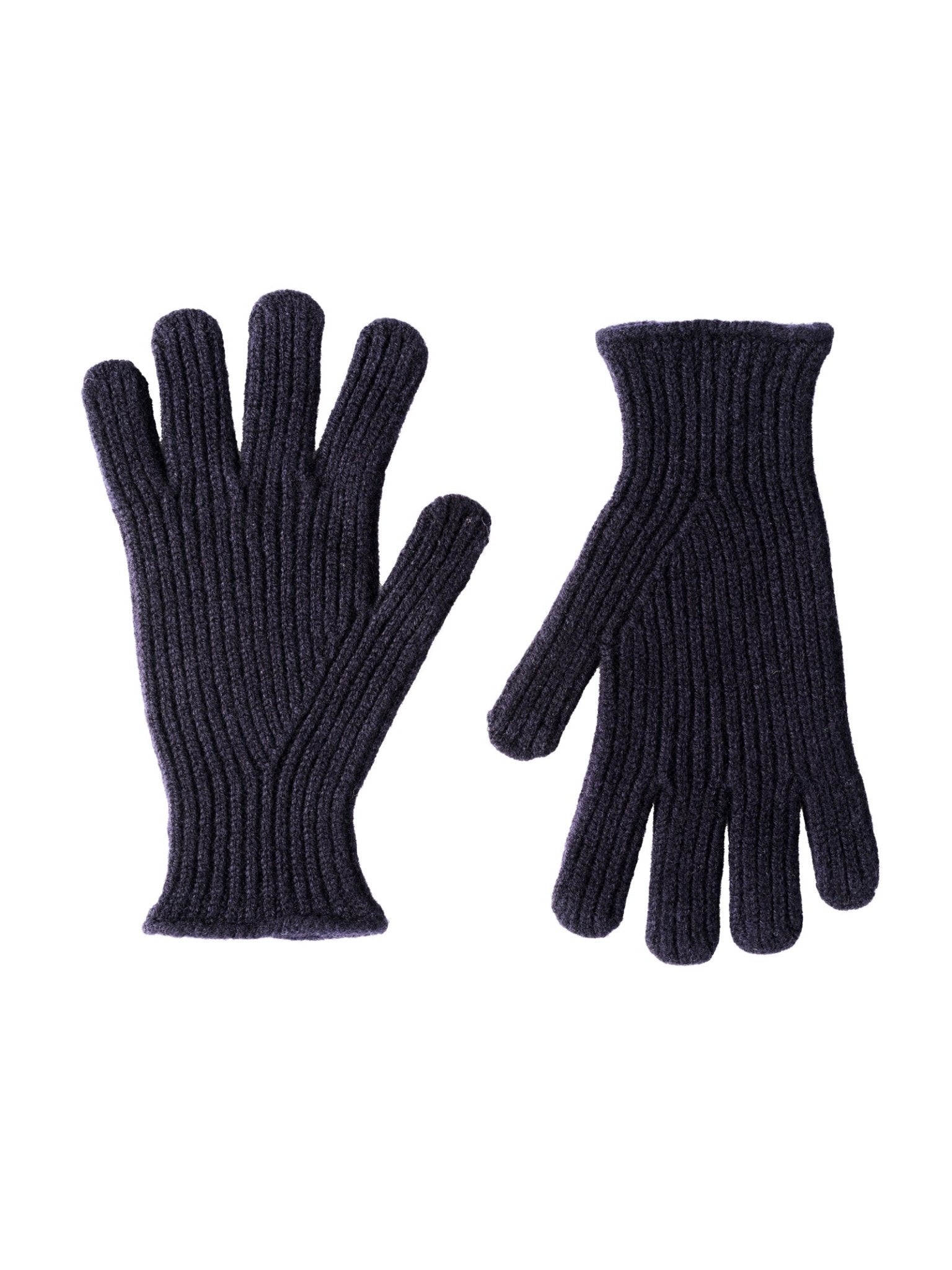 Campbell’s of Beauly Lambswool Rib Gloves in navy, shown laid flat on a white background—one displaying the palm and one the back, showcasing classic Scottish Borders knitwear style.