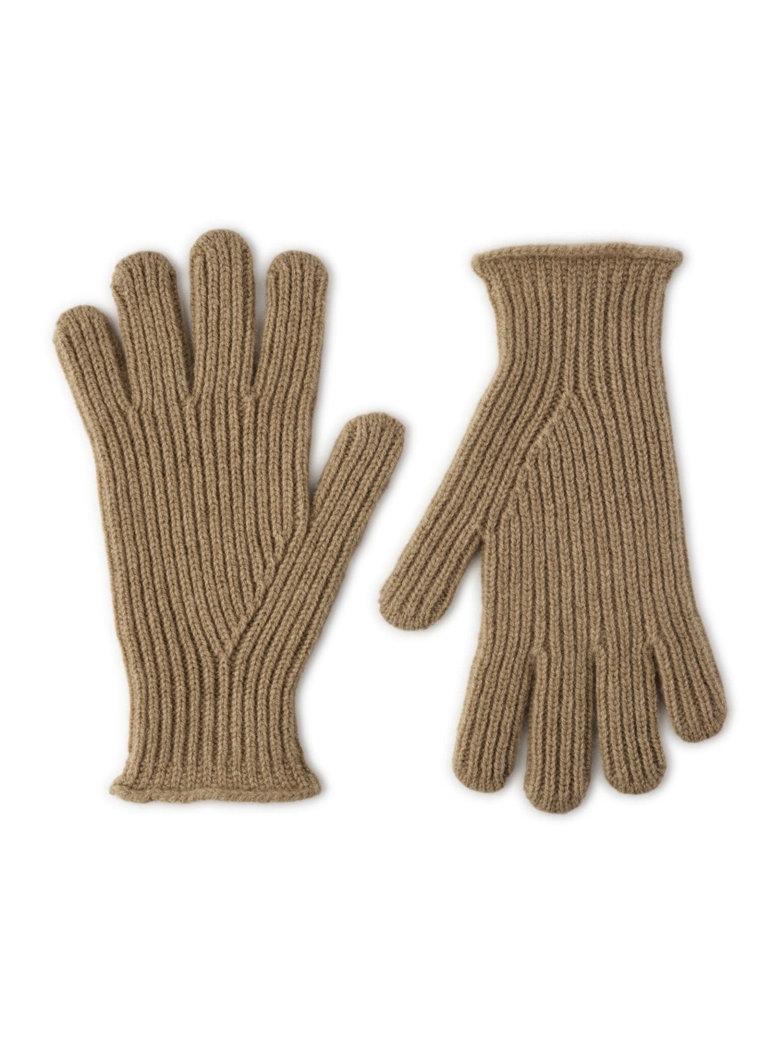 Campbells of Beauly Lambswool Rib Gloves in olive, crafted from soft lambswool with a ribbed knit design, are shown flat on a white background with one glove palm up and the other palm down.
