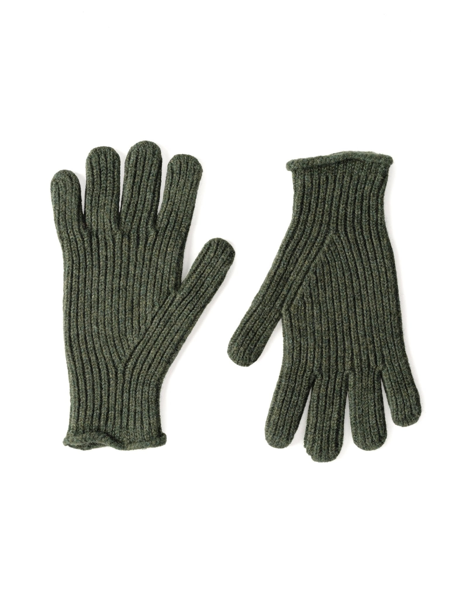 A pair of Campbells of Beauly Lambswool Rib Gloves in rosemary color are laid flat on a white background, with one glove showing the palm side and the other showing the back.