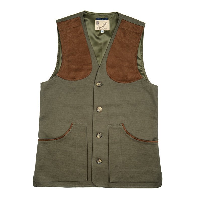 The Campbells of Beauly Cotton Shooting Waistcoat in olive features brown suede shoulder patches, matching pocket trim, four front buttons, and an inner collar label—a rustic outdoor vest ideal for countryside pursuits.