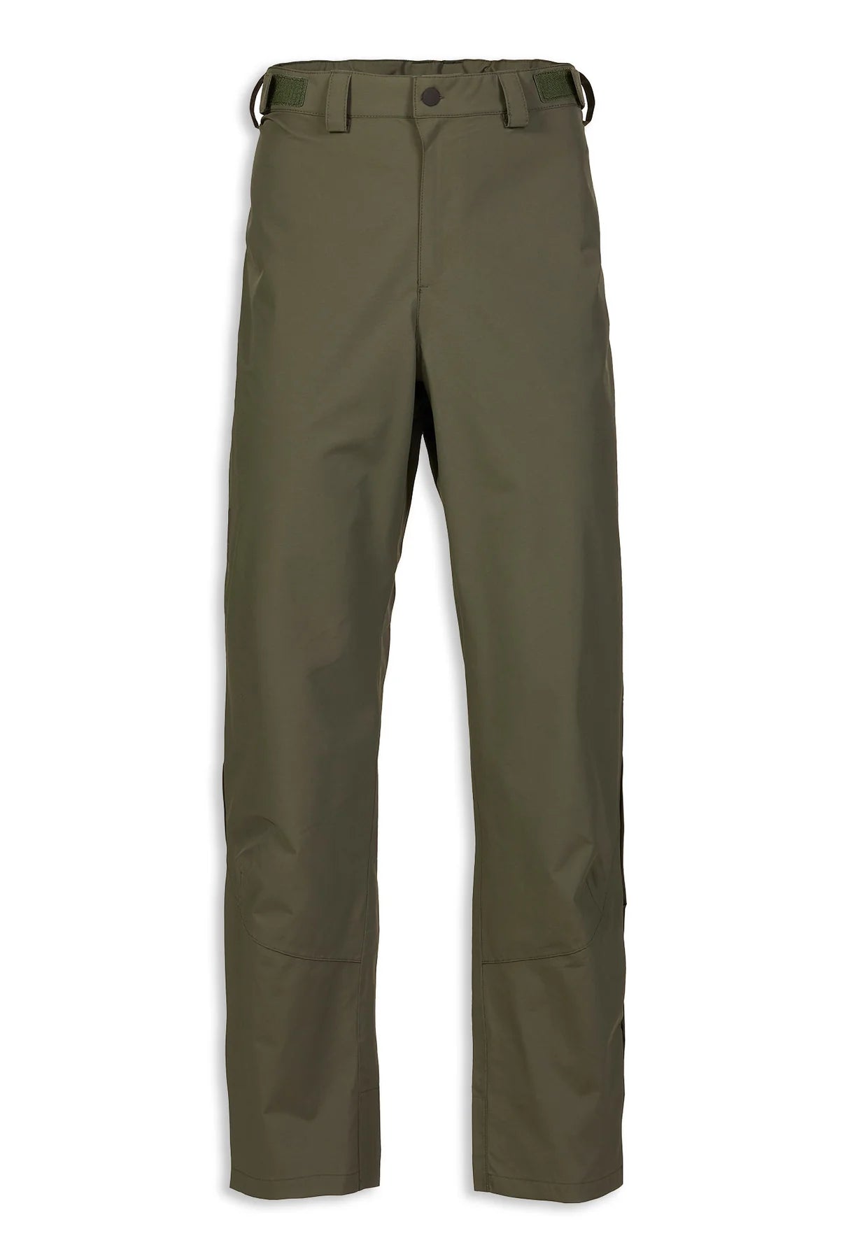 The Musto Fenland Pack Trouser 2.0 is shown in olive green against a white background. These waterproof pants feature a straight-leg fit, belt loops, button waist closure, smooth structured fabric, and a minimalist pocketless design.
