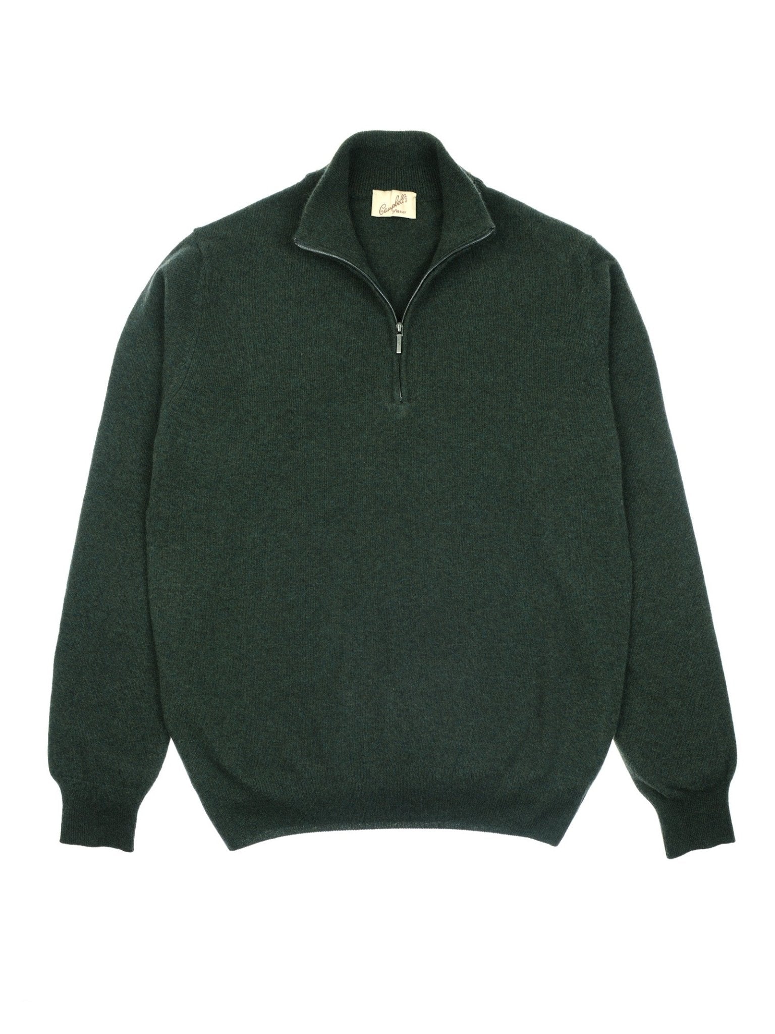 The Merino & Cashmere Quarter Zip Jumper by Campbell's of Beauly in olive features a fine gauge knit, long sleeves, and a cozy collar, displayed laid flat on a white background.