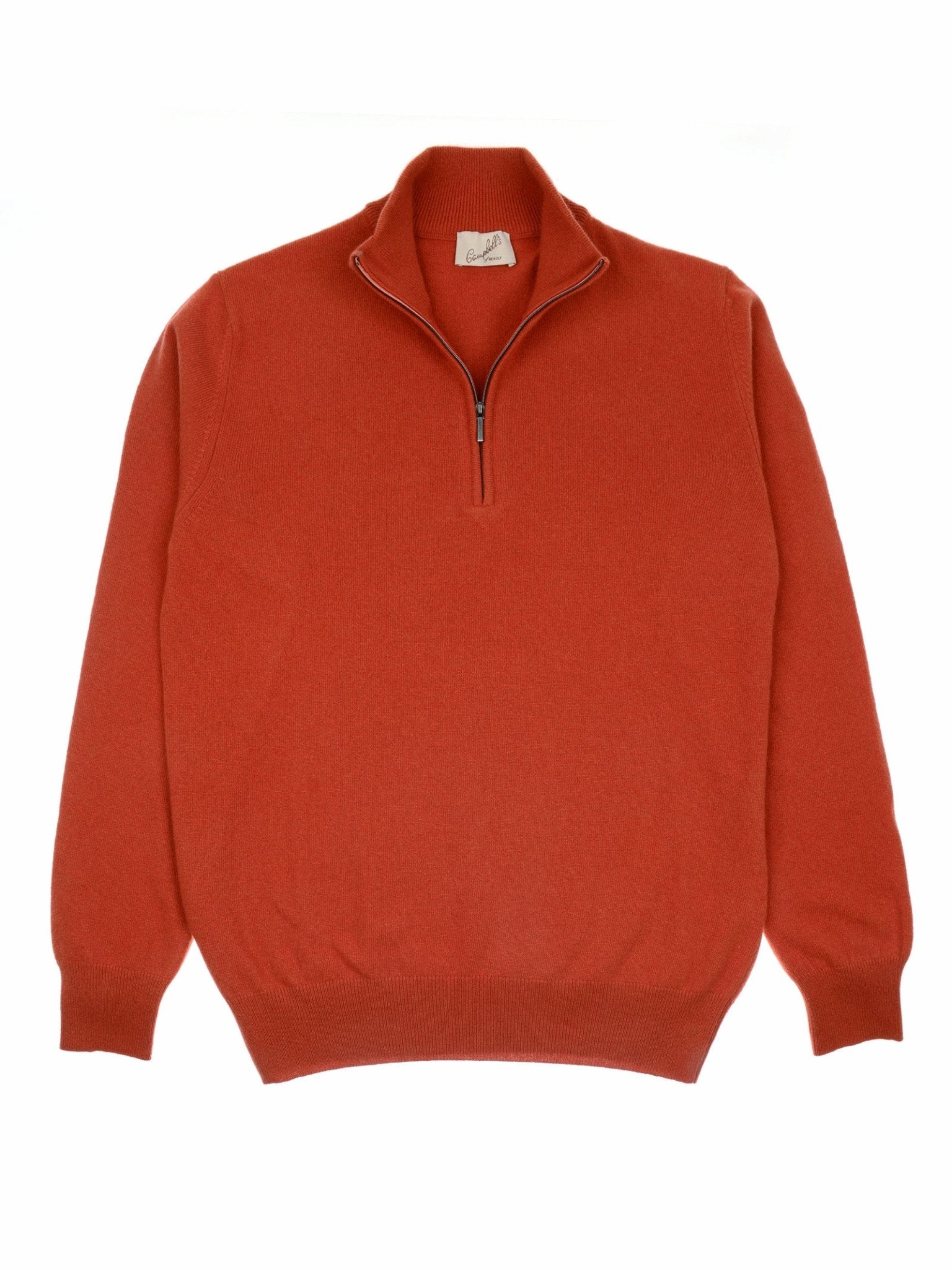 The Campbell's of Beauly Merino & Cashmere Quarter Zip Jumper in russet features fine gauge knit, long sleeves, and a stand-up collar, shown laid flat on a white background.