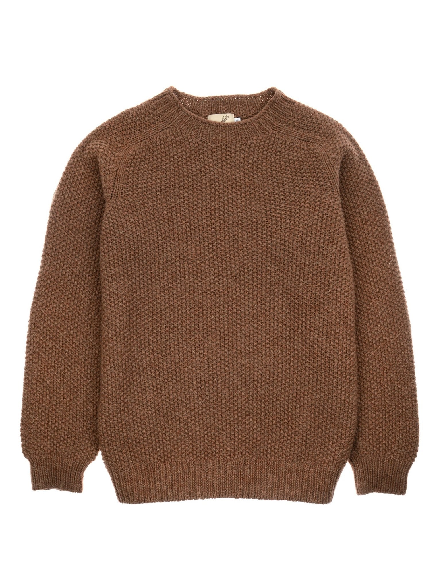 A brown Moss Stitch Jumper by Campbell's of Beauly features long sleeves, a crew neckline, and ribbed cuffs and hem, laid flat on a white background.