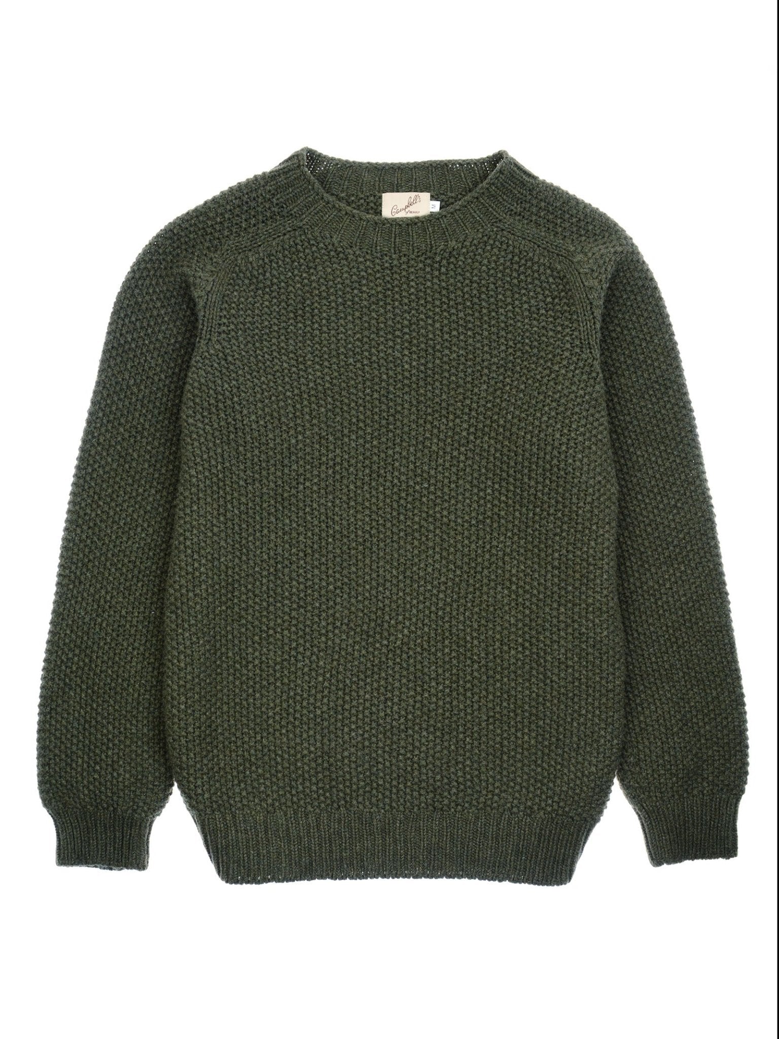 The Campbell's of Beauly Moss Stitch Jumper is a dark green, long-sleeved knit with a textured pattern, crew neckline, and ribbed cuffs and hem, crafted in Scotland and shown laid flat on a white background.