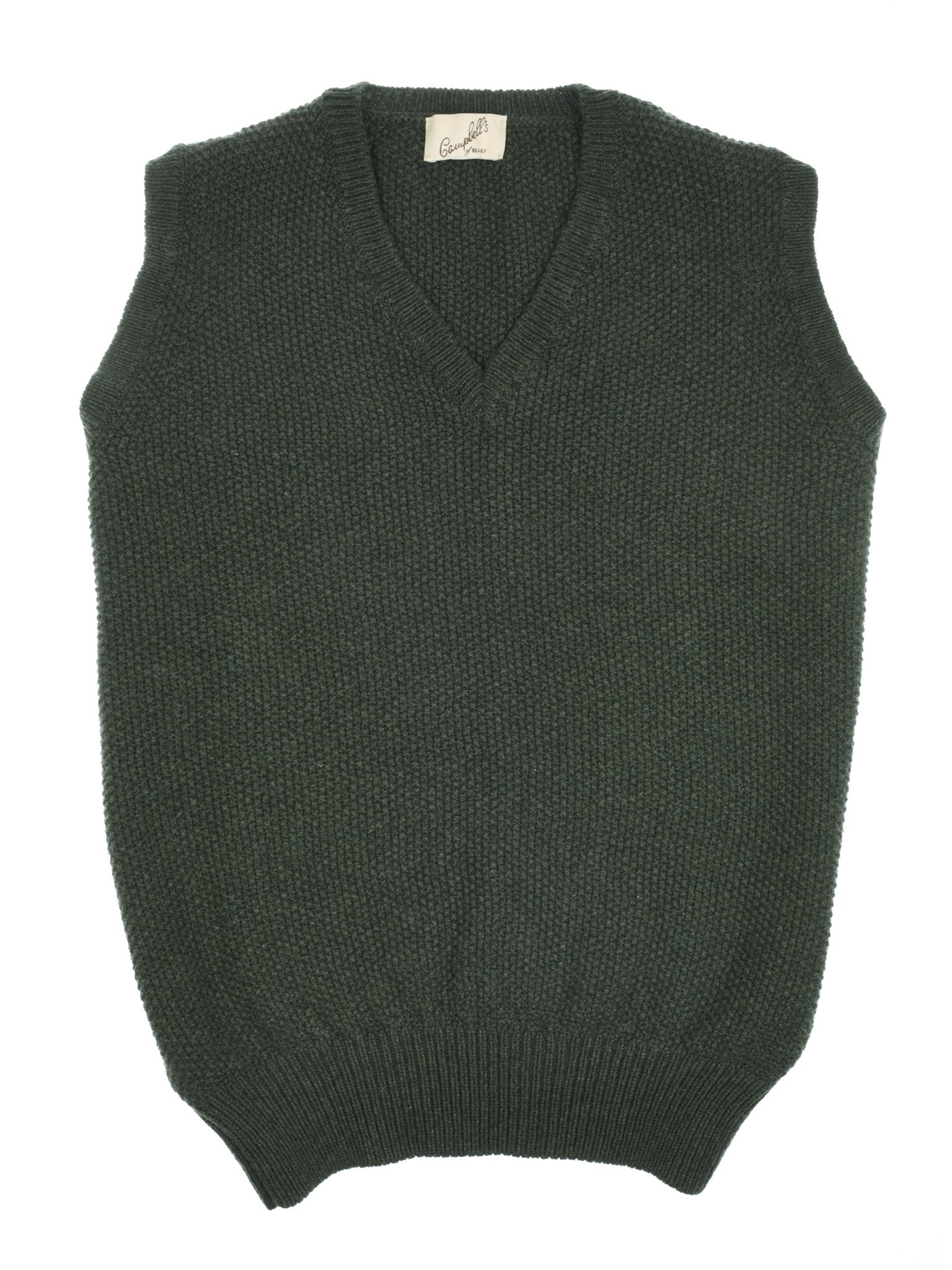 The Campbell's of Beauly Moss Stitch Knitted Slipover in moss, a pure wool V-neck vest made in the UK, is shown laid flat on a white background.