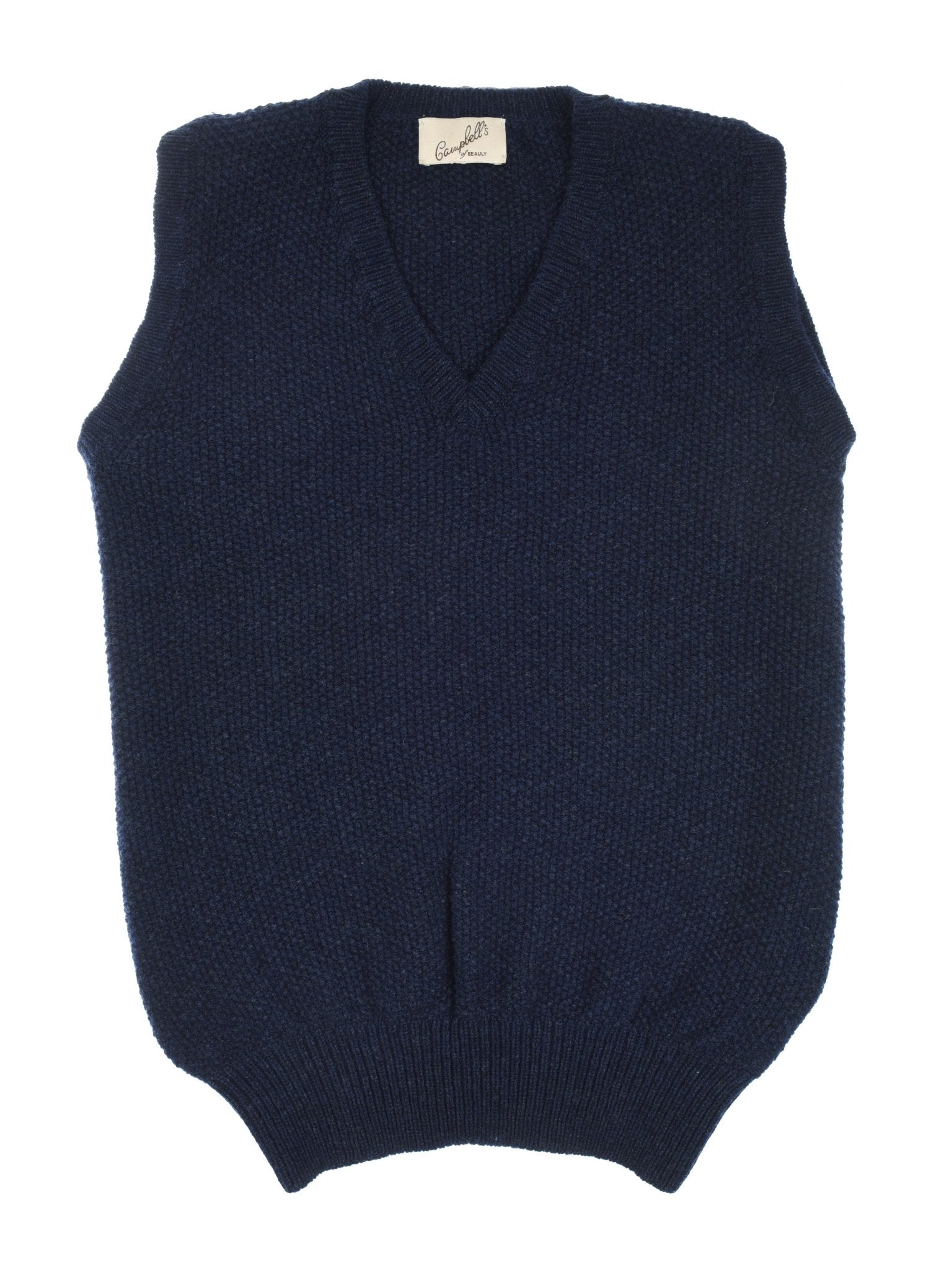 The Campbell's of Beauly Moss Stitch Knitted Slipover in navy, crafted from pure wool in the UK, features a V-neck and ribbed hem. Shown laid flat on a white background.