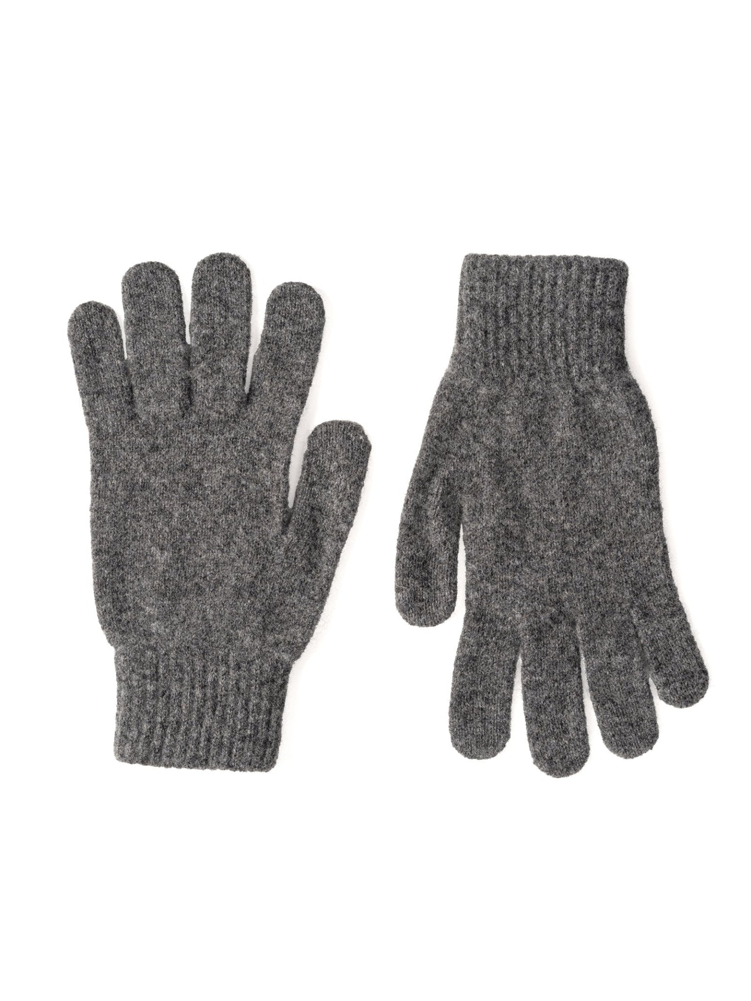 Campbells of Beauly Lambswool Gloves in grey, a cold-weather essential, are displayed flat on a white background with one glove showing the palm and the other showing the back.