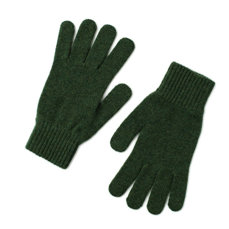 Campbells of Beauly Lambswool Gloves in Rosemary are shown laid flat on a white background—one with the palm up, one palm down—a cozy essential for cold weather.