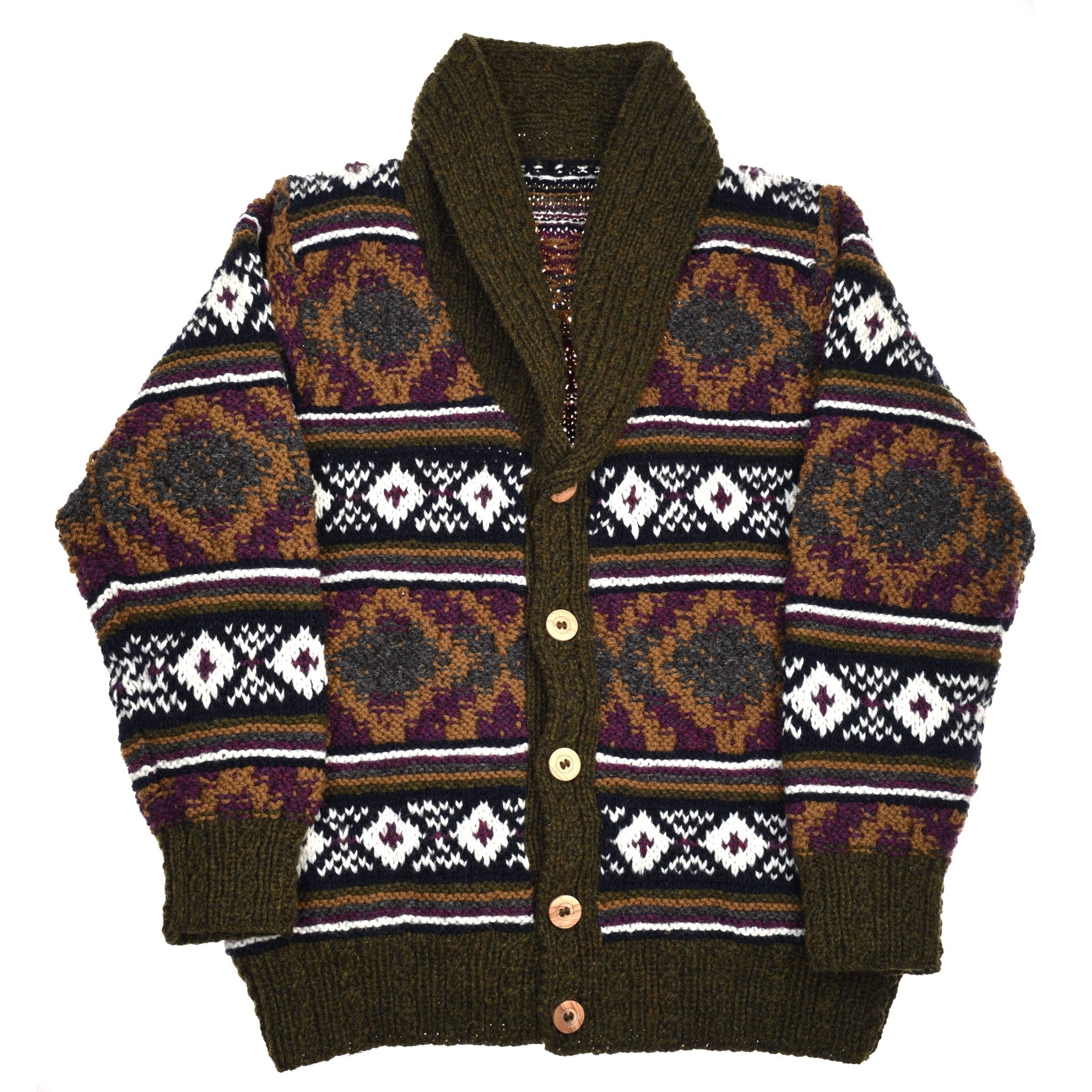 The Navajo Shawl Collar Cardigan by Campbells of Beauly is a hand-knitted, natural wool button-up with a shawl collar and bold Navajo patterns in olive green, purple, gold, white, and black, finished with four brown buttons.