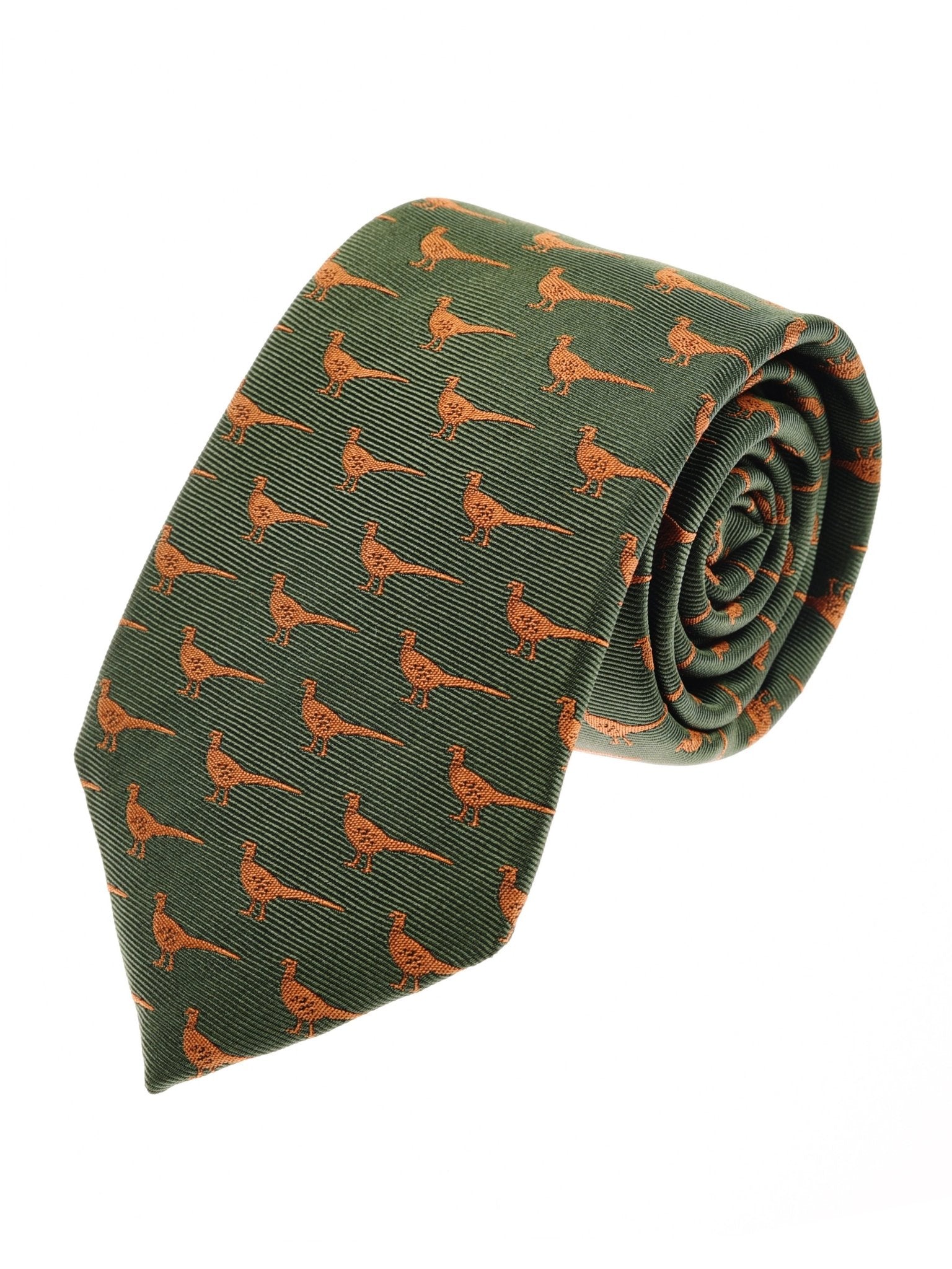 The Campbells of Beauly Pheasant Silk Tie features a green countryside motif with a white background and an all-over pattern of small, orange pheasants facing right.