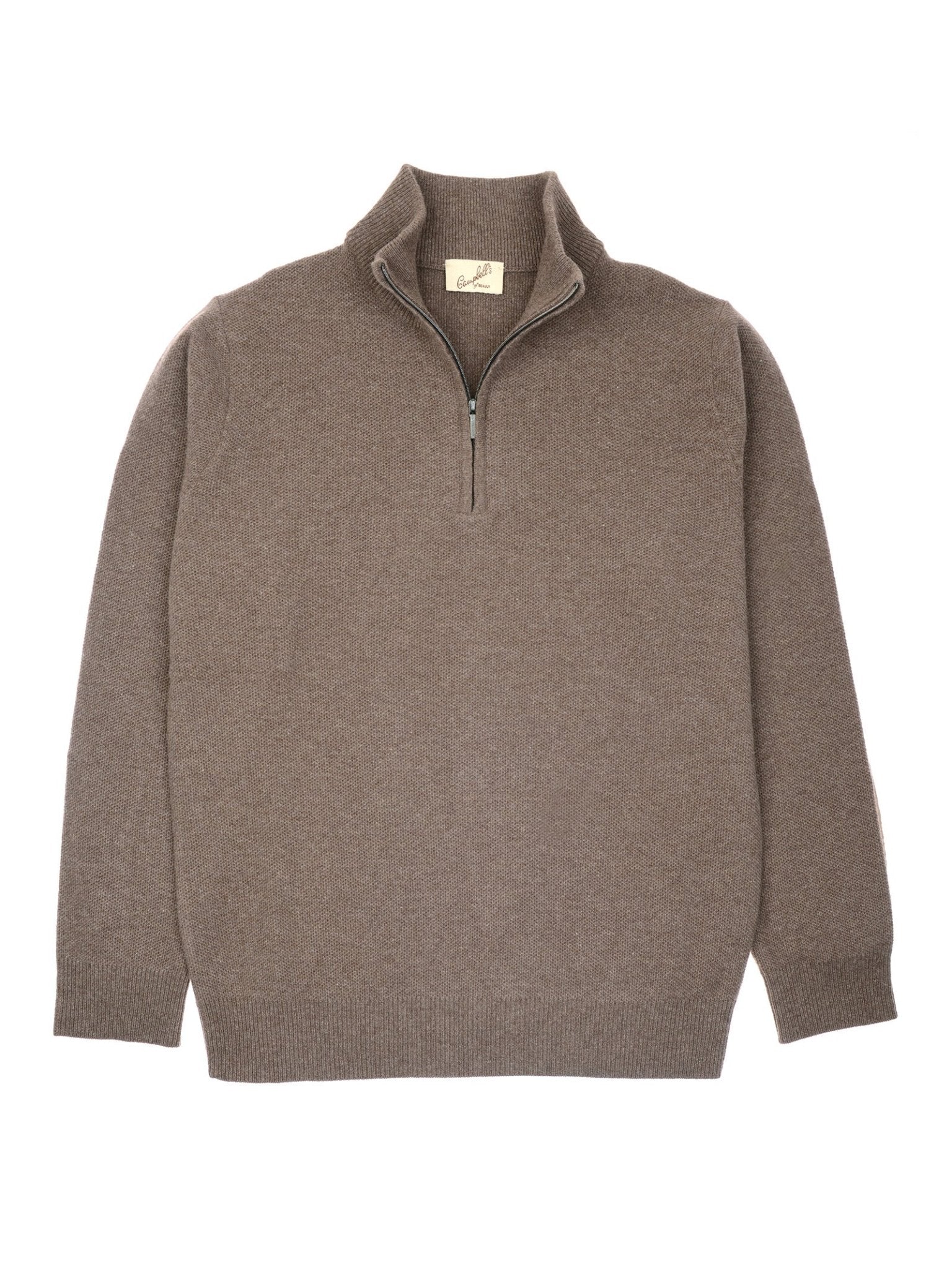 The Campbell's of Beauly Piquet Quarter Zip Jumper in brown, featuring a high collar and long sleeves in soft merino wool, is shown laid flat on a white background.