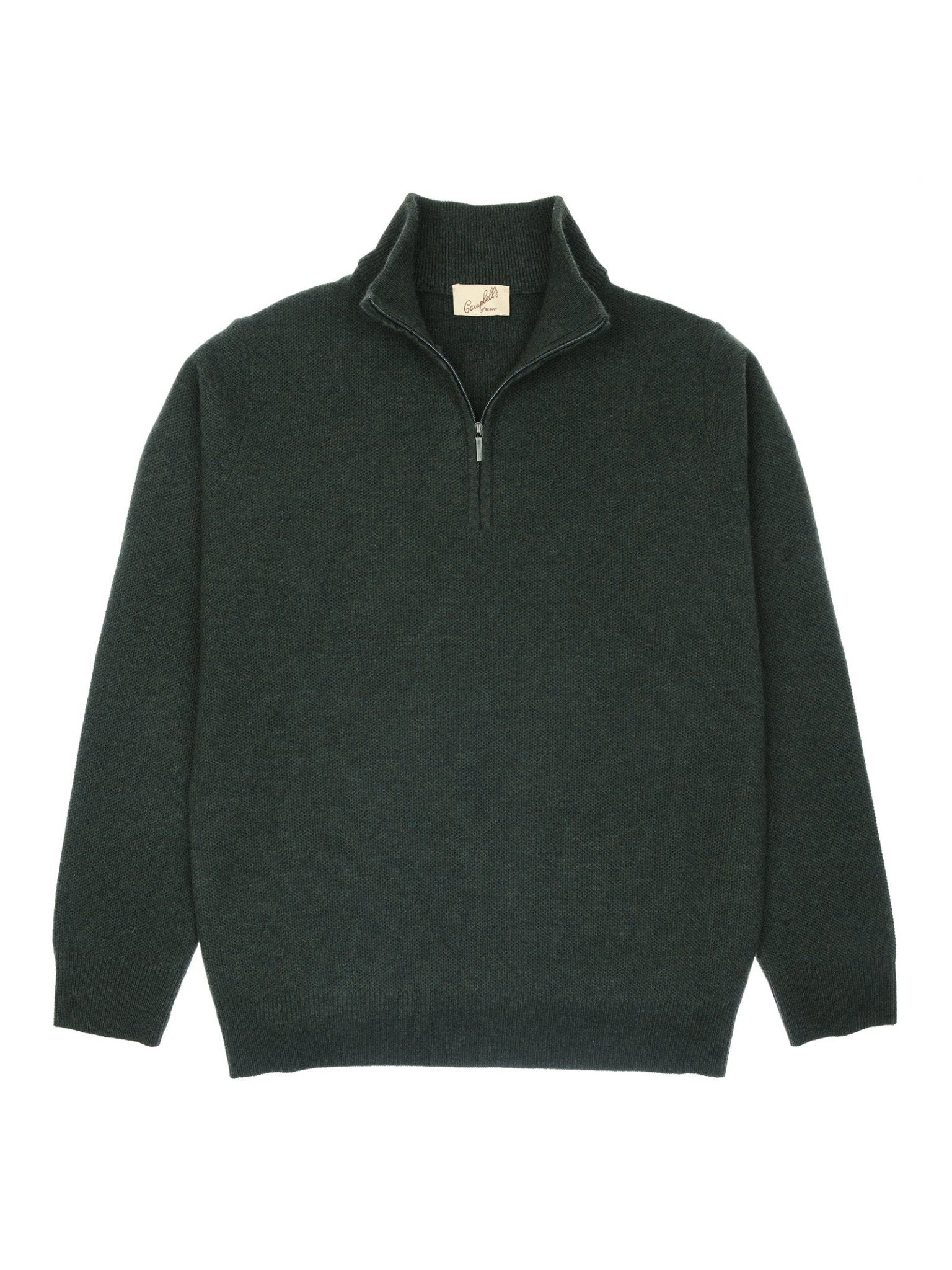 The Campbell's of Beauly Piquet Quarter Zip Jumper in olive is crafted from soft merino wool with a half-zip collar, ribbed cuffs and hem, and features a visible beige label inside the collar. Laid flat on a white background.
