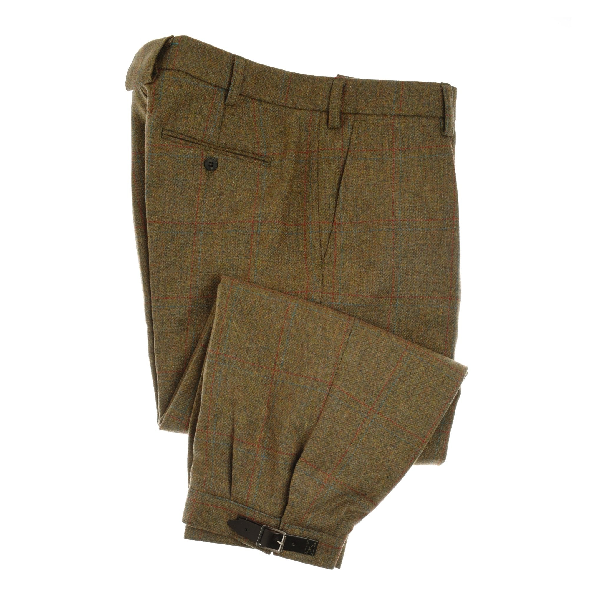 Campbells of Beauly Plus Fours in House Tweed, featuring belt loops, a back pocket, and an adjustable buckle strap at the cuff, are shown folded and displayed on a white background.