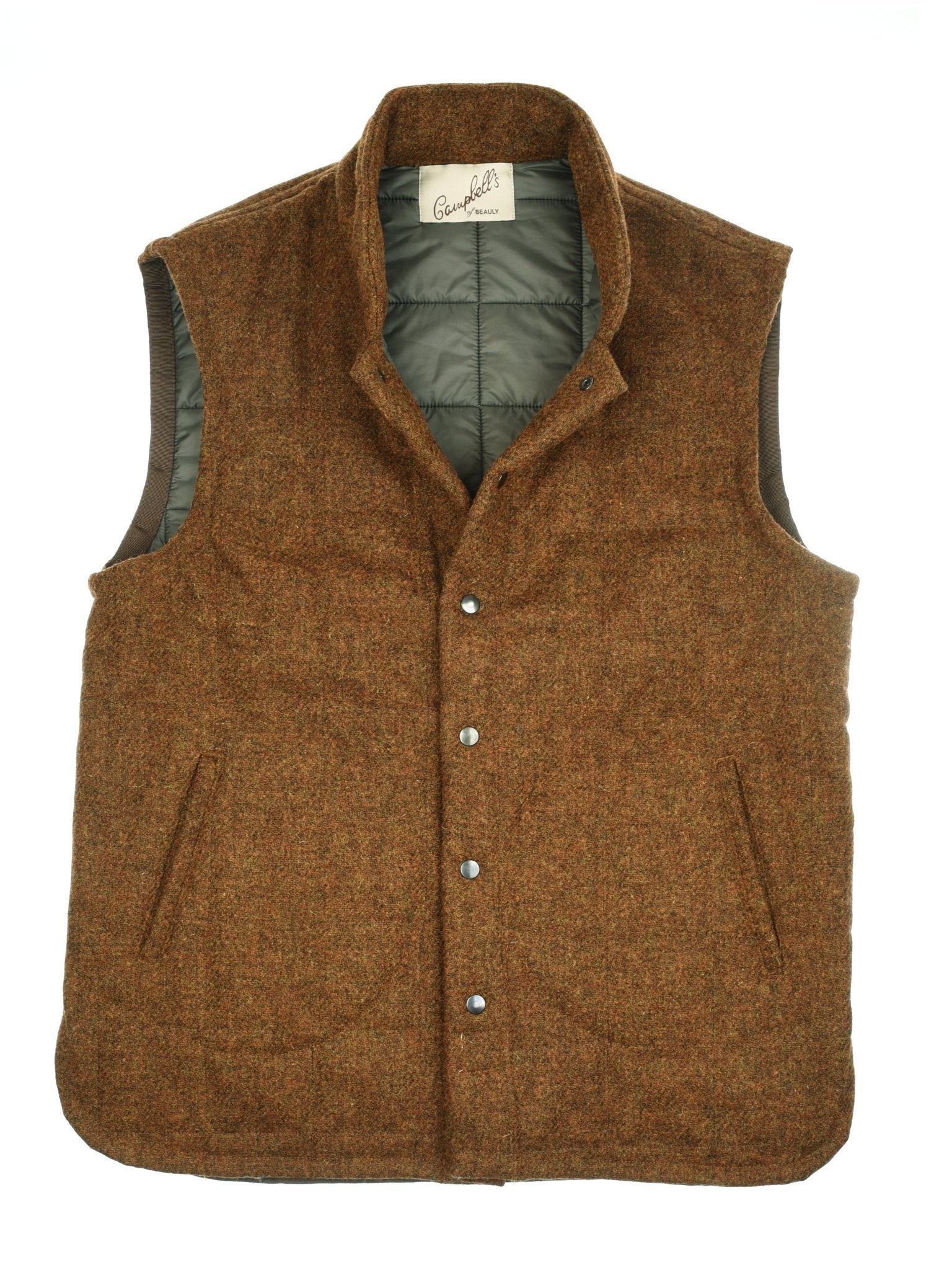A copper Harris Tweed Quilted Gilet by Campbells of Beauly, featuring a sleeveless design, high collar, snap buttons, two front pockets, and quilted gray lining, is laid flat on a white background.