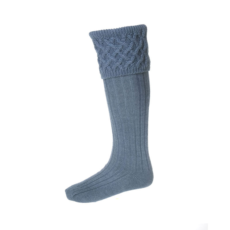 The Campbells of Beauly Merino Rannoch Shooting Sock in Blue Mix is a single knee-high sock with ribbed texture and a thick folded cable-knit cuff, made from fine Merino wool and shown on a white background.