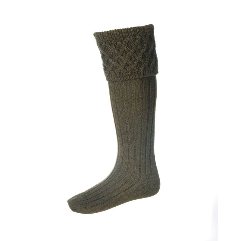 A single Merino Rannoch Shooting Sock by Campbells of Beauly in bracken, knee-high with a ribbed body and thick, cable-knit cuff, showcasing fine craftsmanship, displayed on a white background.