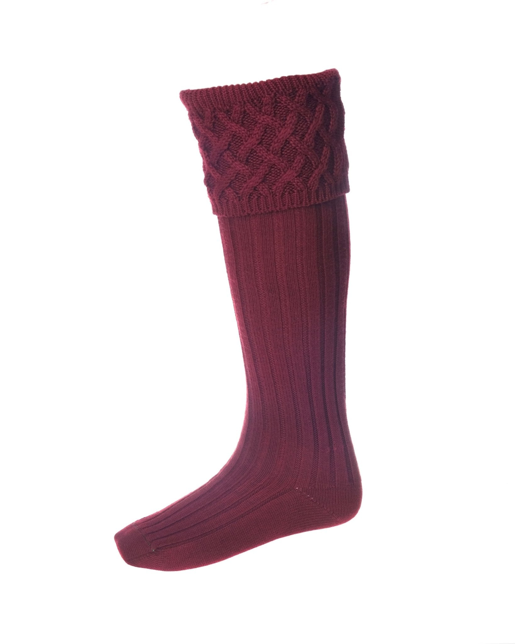 The Campbells of Beauly Merino Rannoch Shooting Sock in burgundy features ribbed Merino wool, a knee-high design, and a folded cable knit cuff, shown against a white background.
