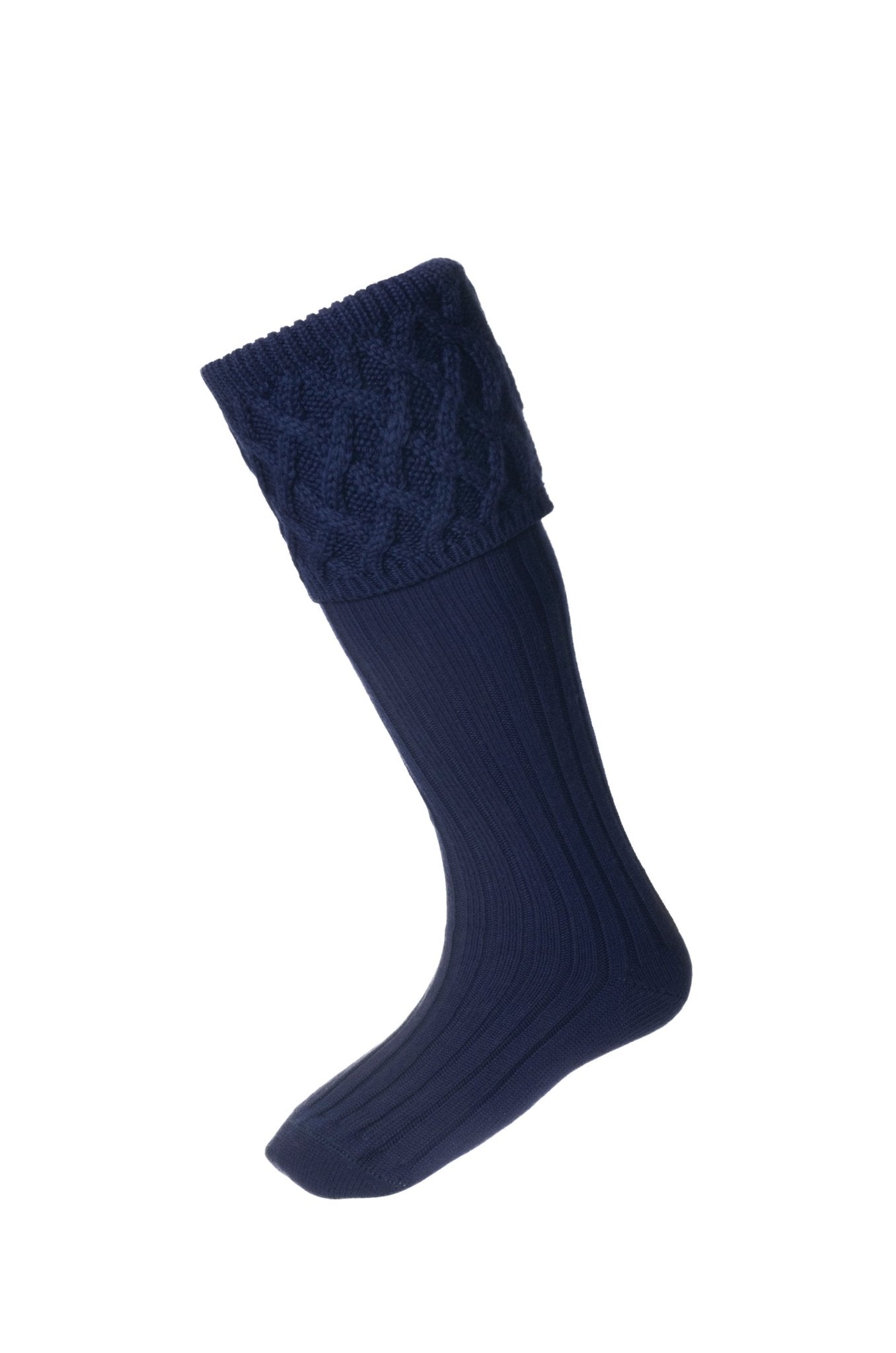 The Merino Rannoch Shooting Sock by Campbells of Beauly in navy features a ribbed leg and foot, plus a thick cable-knit cuff, highlighting expert craftsmanship against a white background.