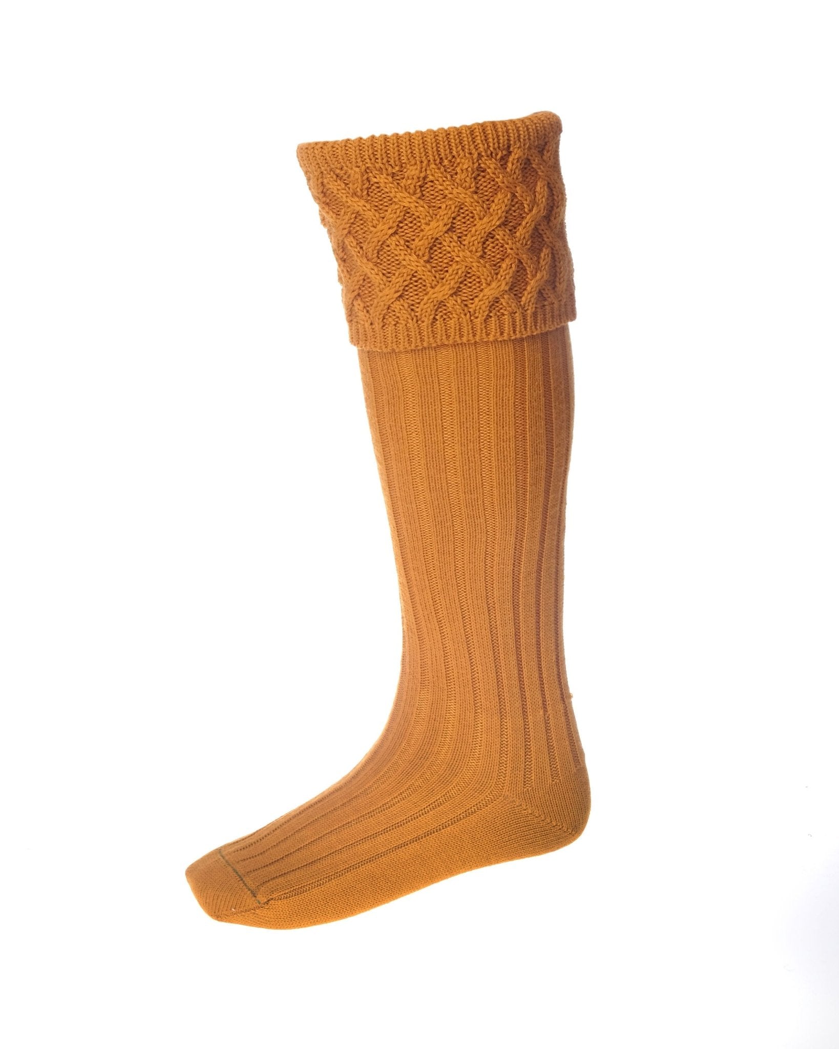 A single Merino Rannoch Shooting Sock by Campbells of Beauly in ochre, featuring a knee-high ribbed texture and folded cable-knit cuff, expertly crafted and displayed against a white background.