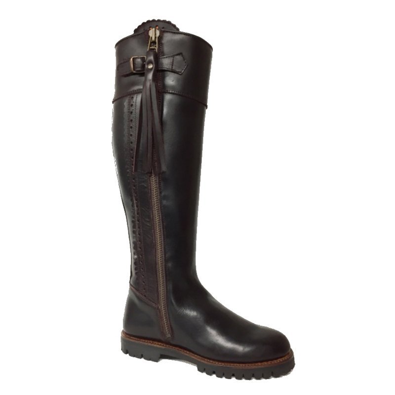 Campbells of Beauly Leather Spanish Boots feature a tall, dark brown leather design with a side zipper, decorative tassel, subtle shaft stitching, and a durable textured Vibram outsole.