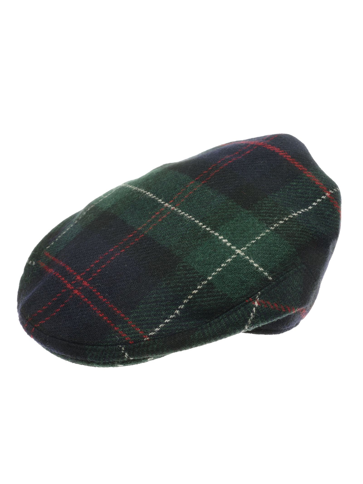 The Conon Cap by Campbell’s of Beauly features a vibrant green, navy, red, and white Black Watch-inspired plaid and is displayed on a white background.