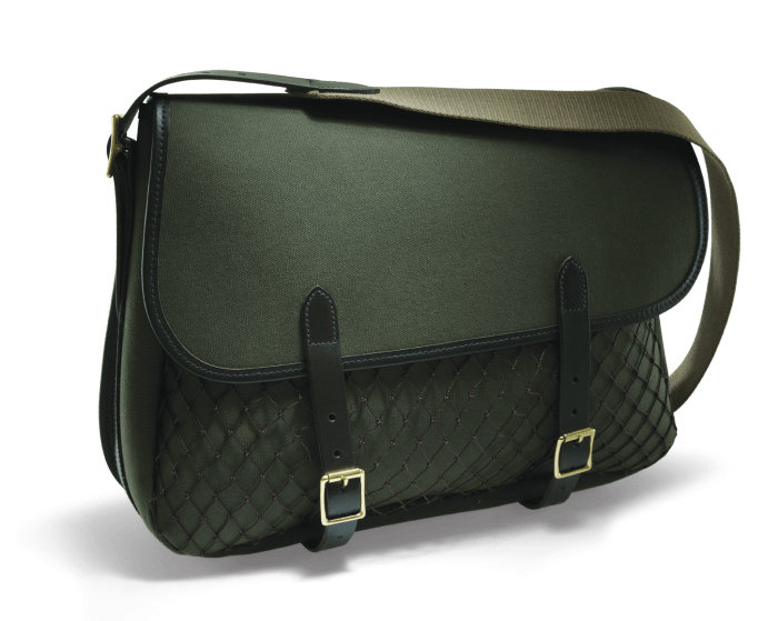 The Campbells of Beauly Game Bag is a green heavy-duty canvas messenger bag with a quilted front pocket, black leather trim, two buckles, and a wide beige strap—ideal for carrying your outdoor essentials.