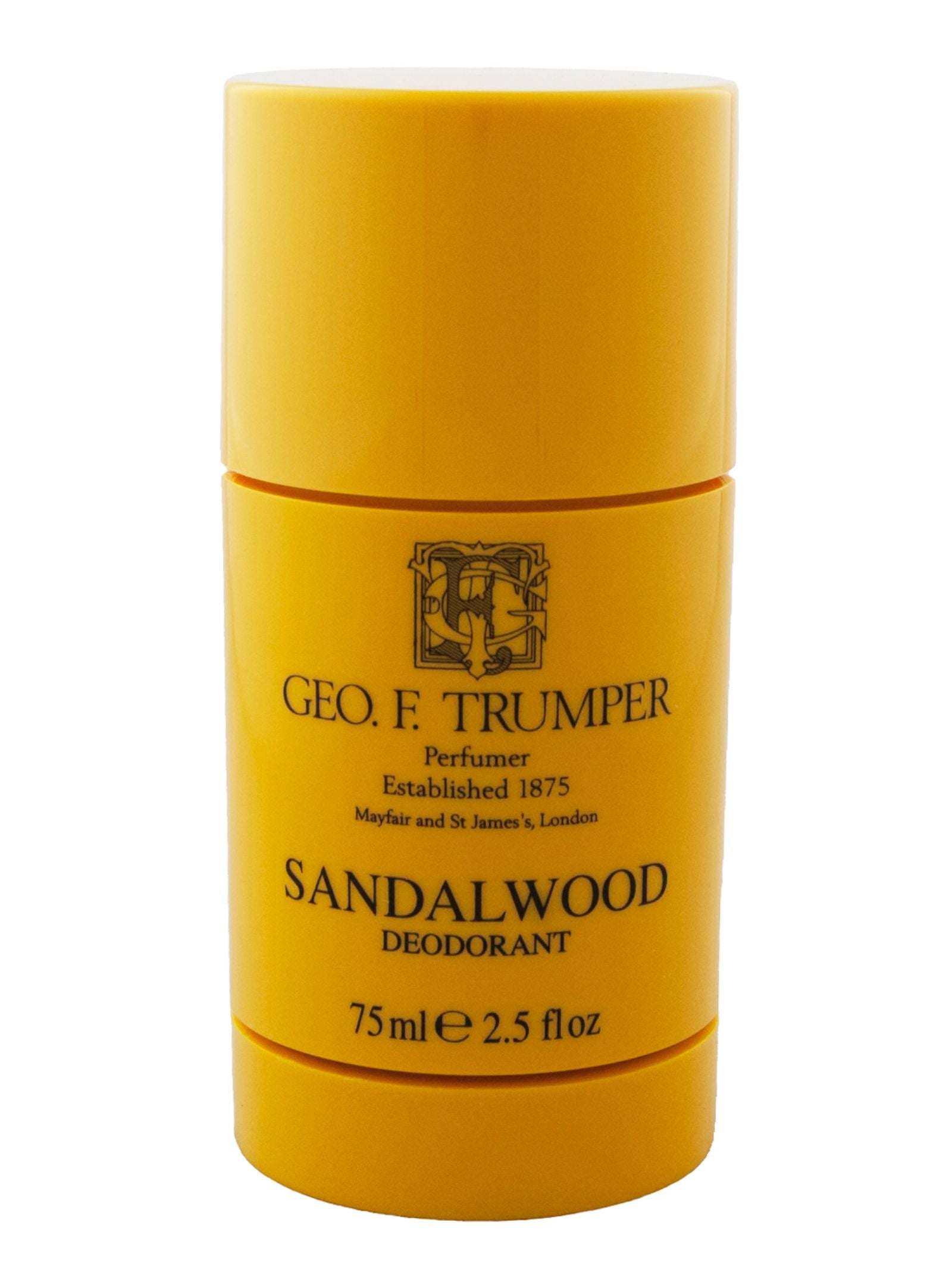 The Geo. F. Trumper Sandalwood Deodorant Stick is a glycol-based, yellow cylindrical deodorant for sensitive skin, featuring black text and logo, in a 75 ml (2.5 fl oz) size; the brand was established in 1875.