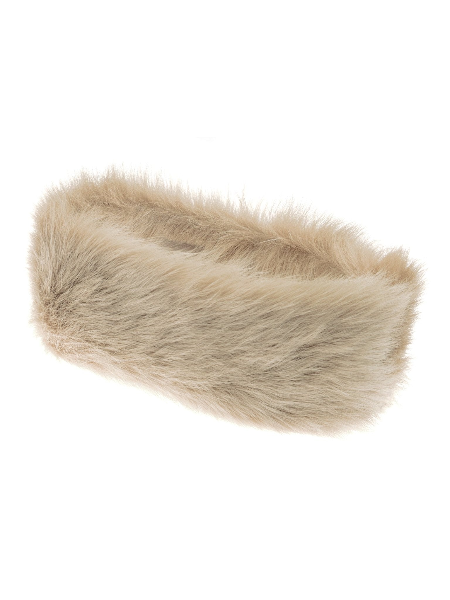 The Campbell's of Beauly Sheepskin Headband in tan features a luxurious, soft faux fur texture and is shown against a white background.