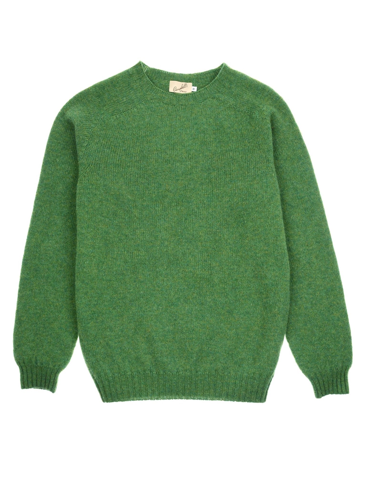 The Shetland Jumper by Campbell's of Beauly is crafted from soft green Shetland lambswool, featuring long sleeves, ribbed cuffs and hem, and a crew neck. Inspired by classic Scottish knitwear, shown flat on a white background.
