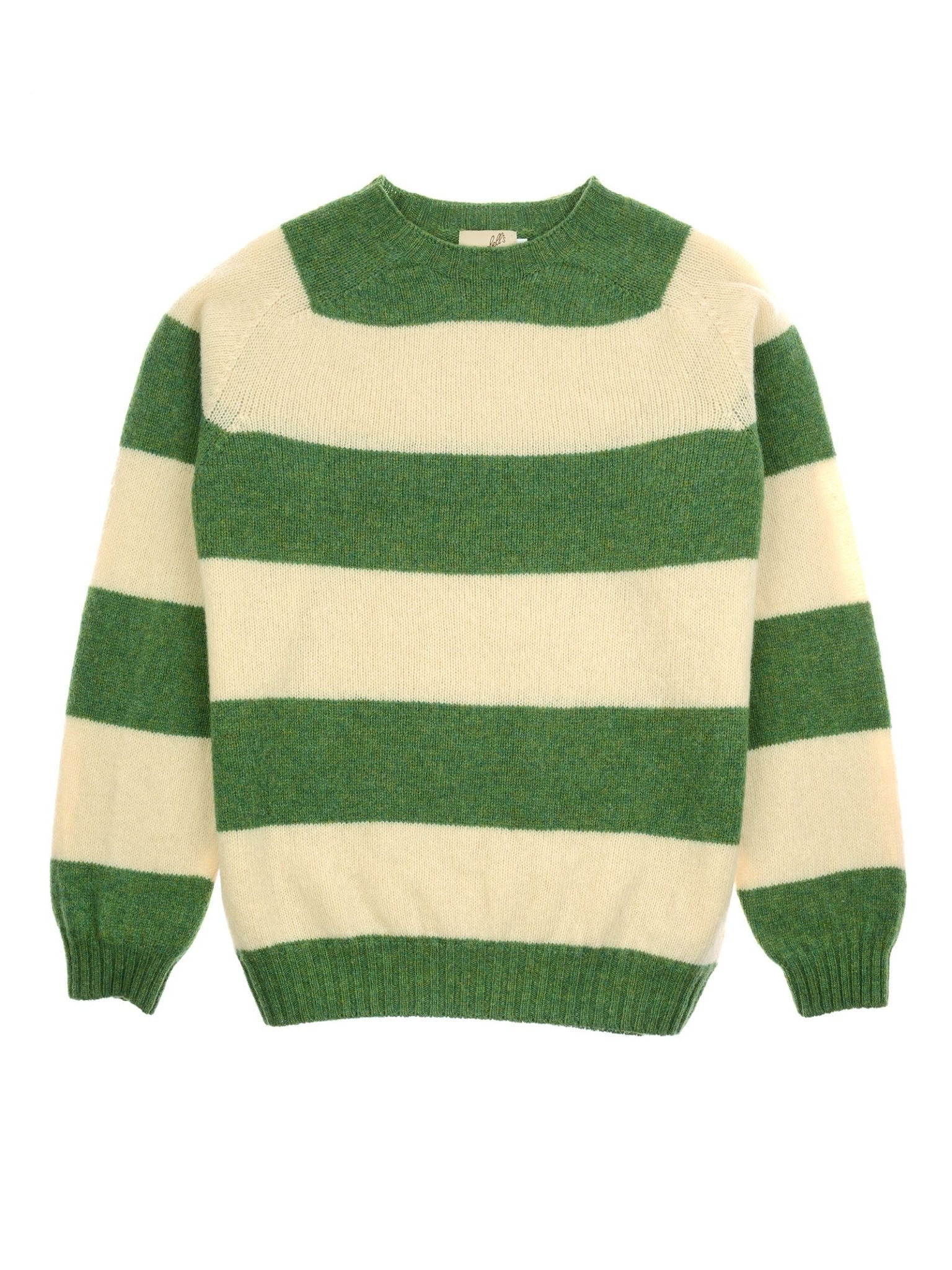 The Shetland Stripe Crew Jumper by Campbell's of Beauly features wide green and off-white stripes, a classic crew neck, and ribbed cuffs and hem for timeless style.