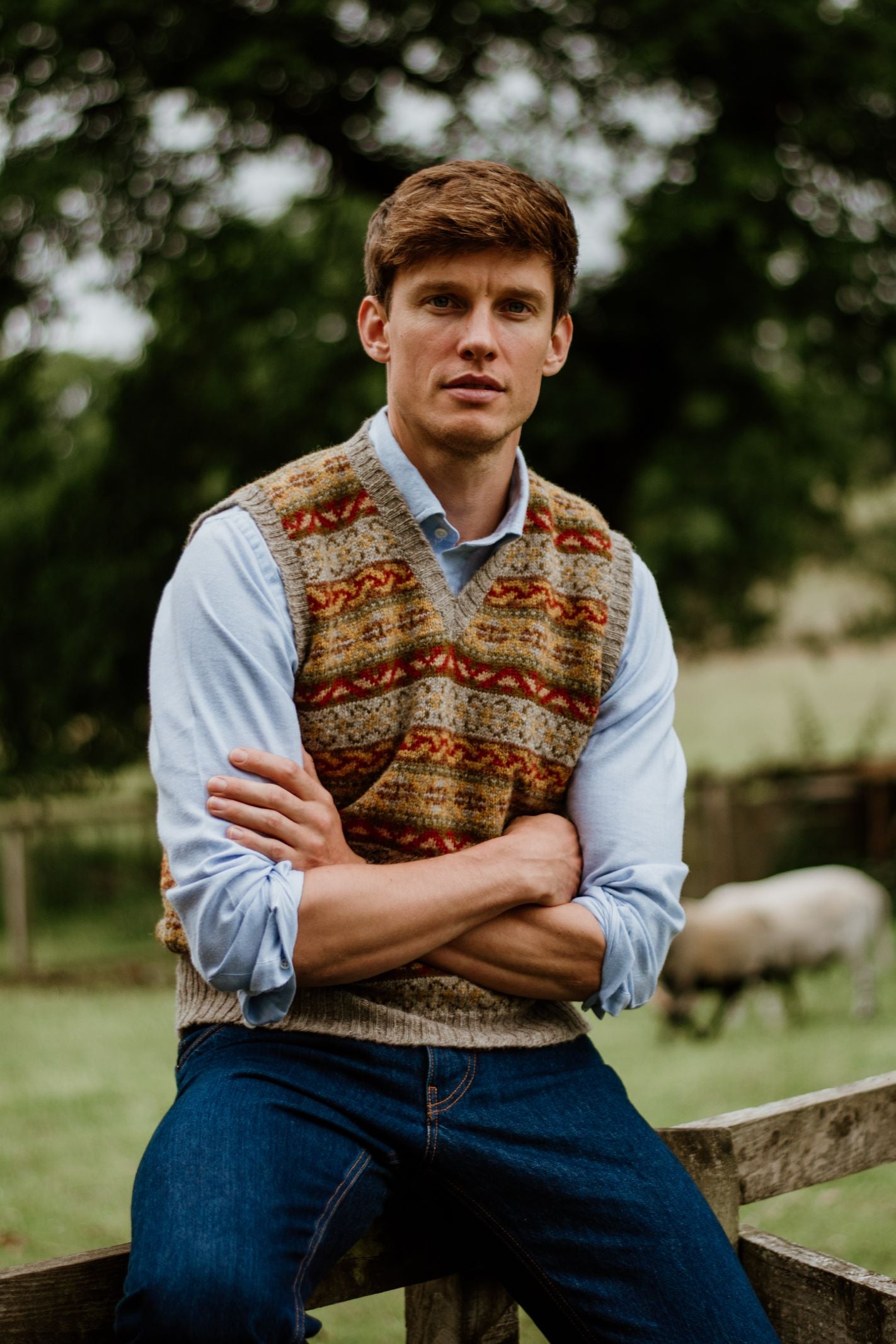 A man with short brown hair wears a Campbells of Beauly Fairisle Slipover over a light blue shirt and jeans, sitting on a wooden fence with arms crossed in a grassy field, with sheep and trees in the background.