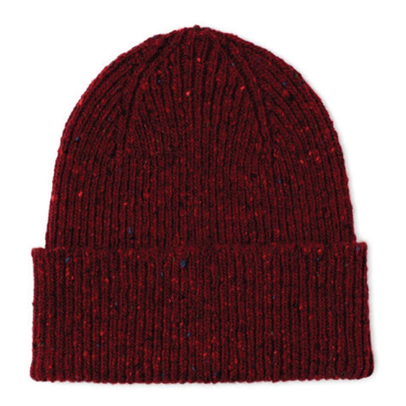 The Donegal Lambswool Hat by Campbells of Beauly in Abbert features a ribbed knit, folded brim, and subtle speckled finish, shown on a plain white background.