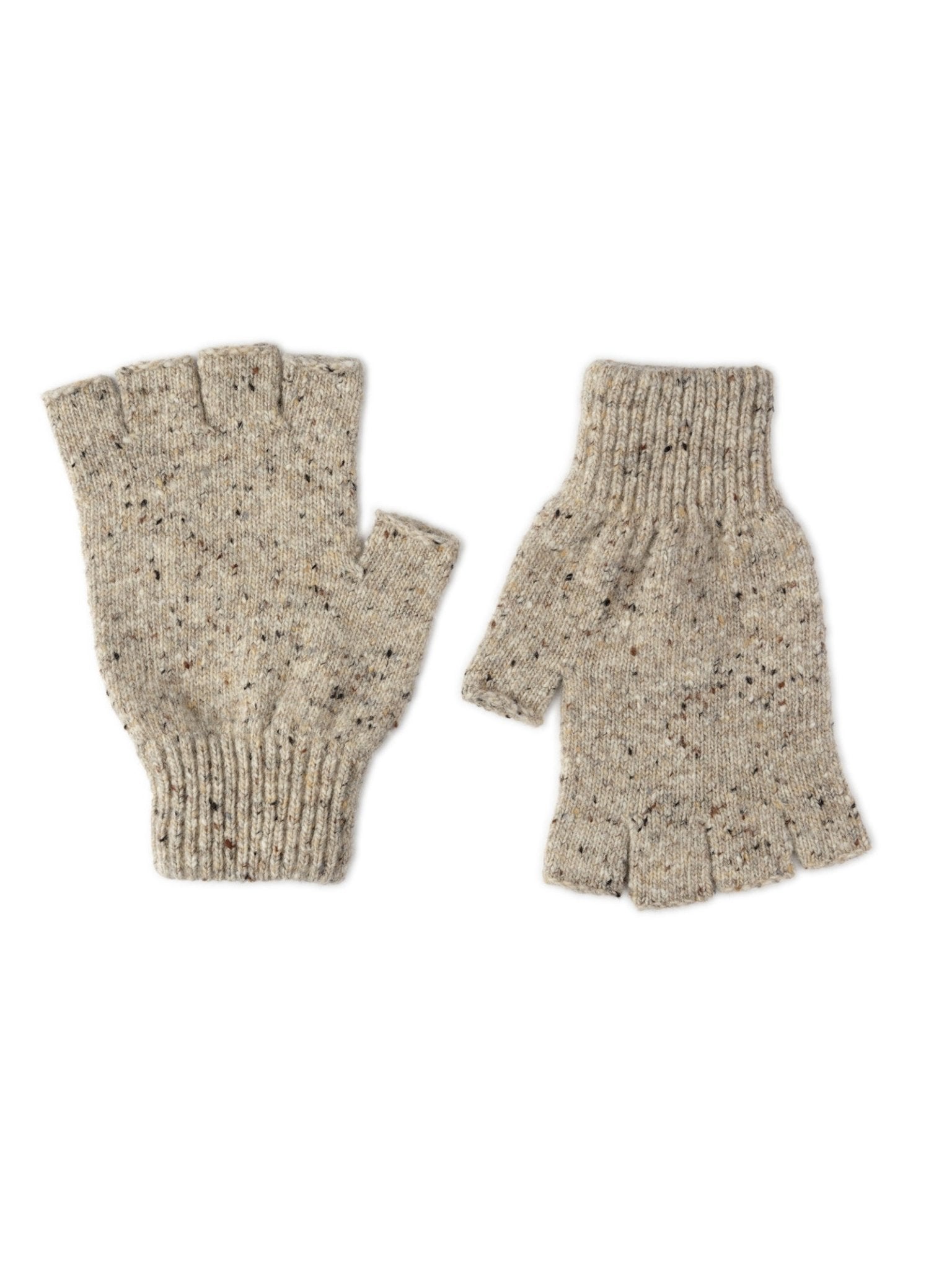 A pair of Campbells of Beauly Donegal Lambswool Half-Finger Gloves in Eske are shown on a white background. Each glove, knitted in the Scottish Borders, features ribbed cuffs and ends just before the first knuckle.