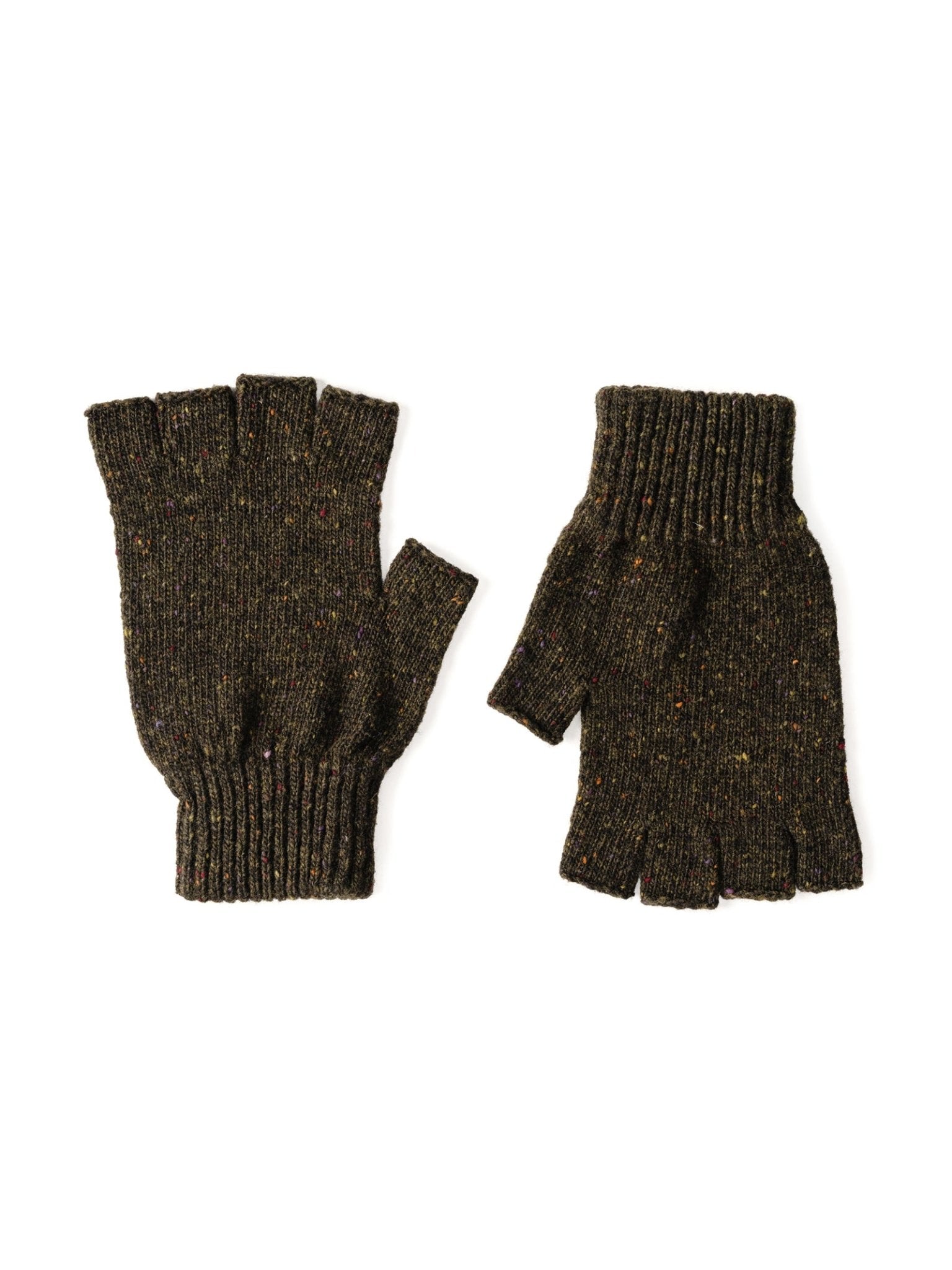 Donegal Lambswool Half-Finger Gloves by Campbells of Beauly in Mourne, featuring ribbed cuffs, knitted in the Scottish Borders and displayed flat on a white background.
