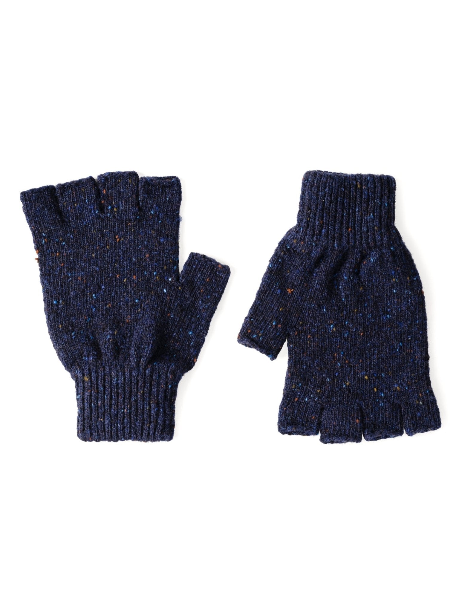 A pair of Campbells of Beauly Donegal Lambswool Half-Finger Gloves in Sheridan, featuring a speckled pattern, displayed flat on a white background.