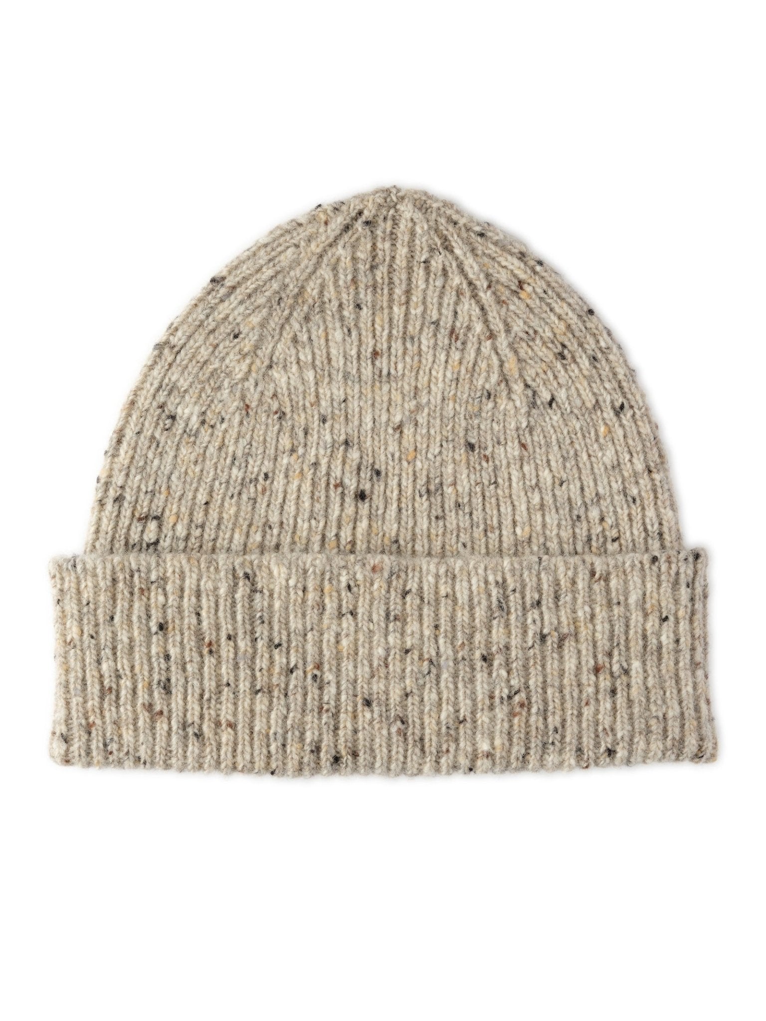 The Donegal Lambswool Hat by Campbells of Beauly in Eske is a beige ribbed knit beanie with a folded brim, featuring brown, black, and gray flecks throughout for a speckled look—perfect for winter, shown on a white background.