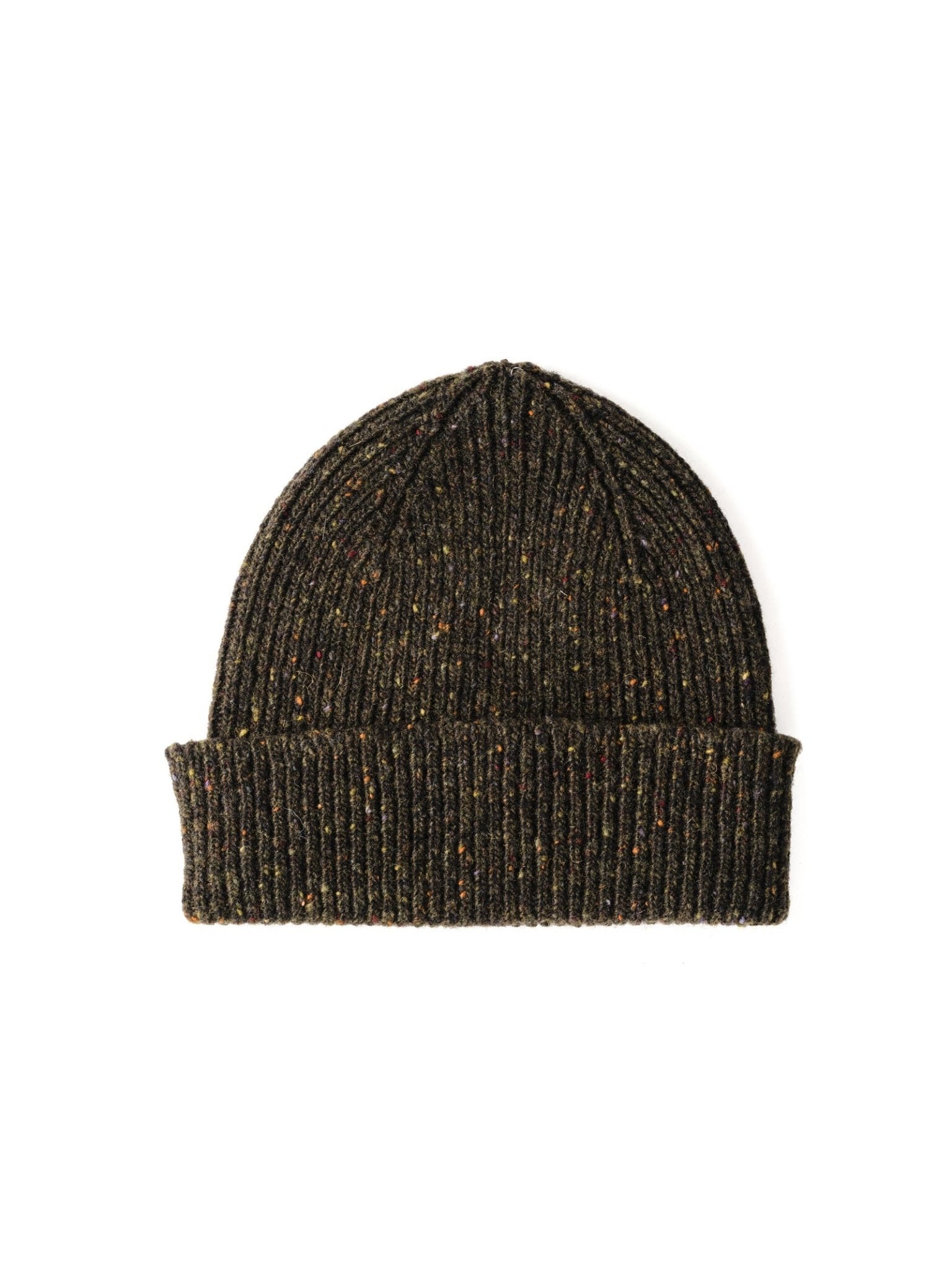 The Campbells of Beauly Donegal Lambswool Hat in Mourne is a dark brown, ribbed knit beanie with a folded cuff and colorful speckles, made from authentic Donegal yarns and shown on a white background.