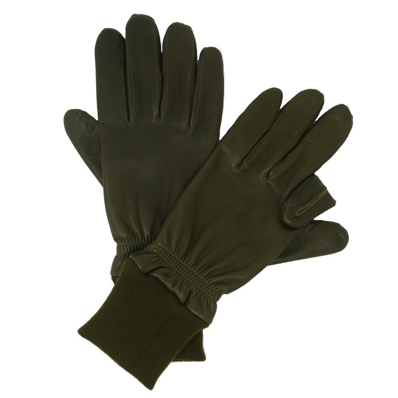 Campbells of Beauly Shooting Gloves in green leather, featuring ribbed knit cuffs, make a refined cold-weather essential. One glove is shown flat with the other partially on top.