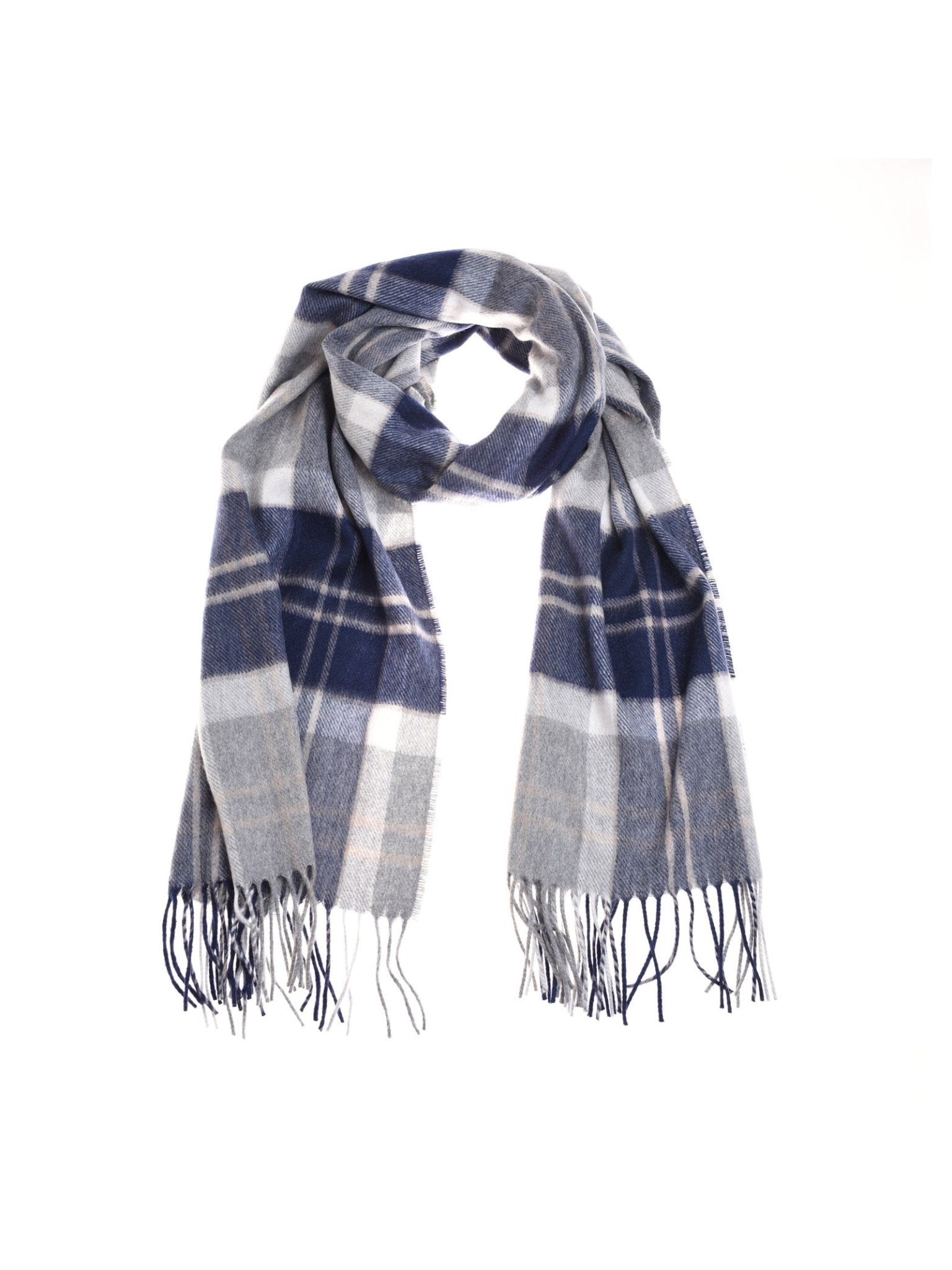 The Campbell's of Beauly Unisex Cashmere Wide Tartan Scarf in Bannockbane features blue, white, and gray plaid with fringed ends, inspired by the Scottish Borders and shown against a white background.