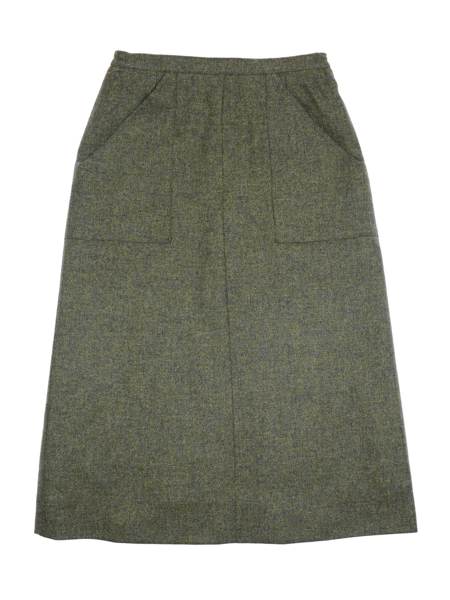 The Campbell's of Beauly A-Line Skirt in taupe features a high waist, British tweed fabric, two large front patch pockets, and a straight-cut design—an elegant classic shown flat on a white background.
