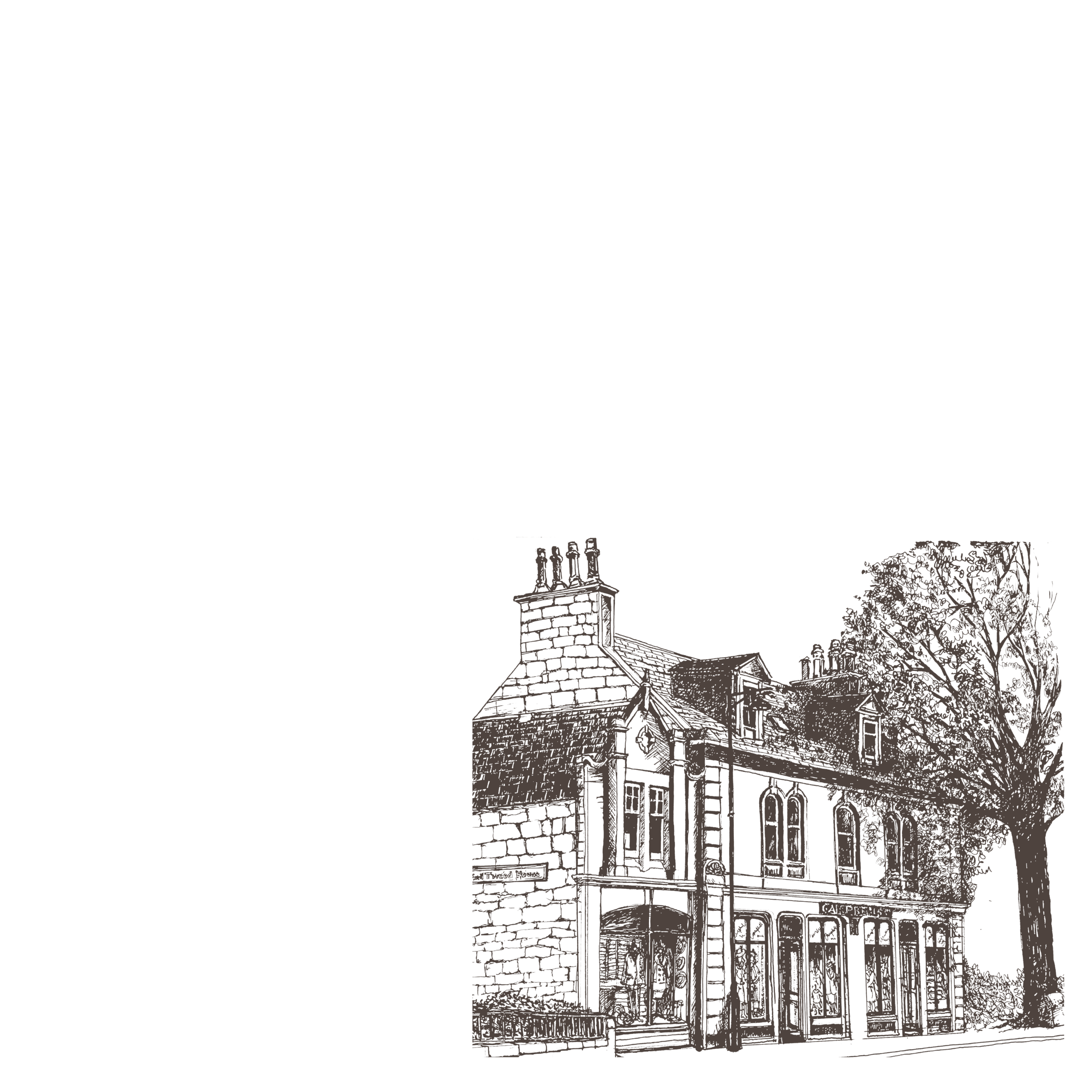 A black-and-white, low-contrast illustration of Campbells of Beauly: a two-story building with chimneys and large windows, next to a tall tree, set against a mostly blank background.