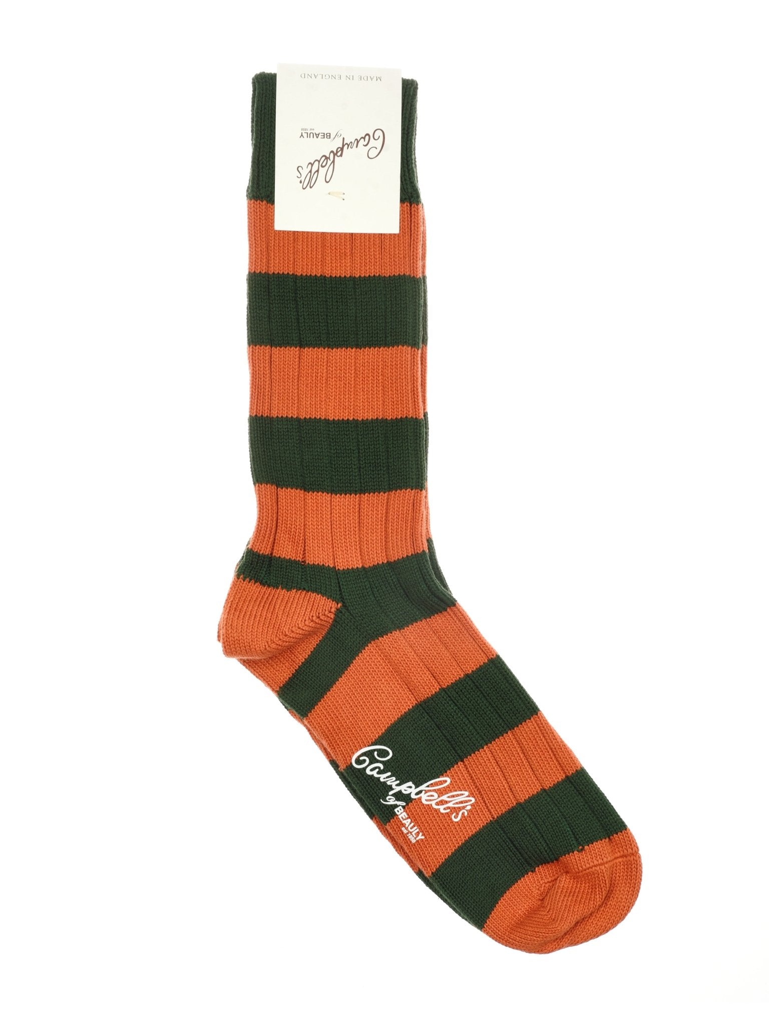 The Campbells of Beauly Stripe Socks in Conifer Stripe feature bold rugby stripes, reinforced heel and toe, a white logo near the toe, and a top label. Sold as a single cotton sock.