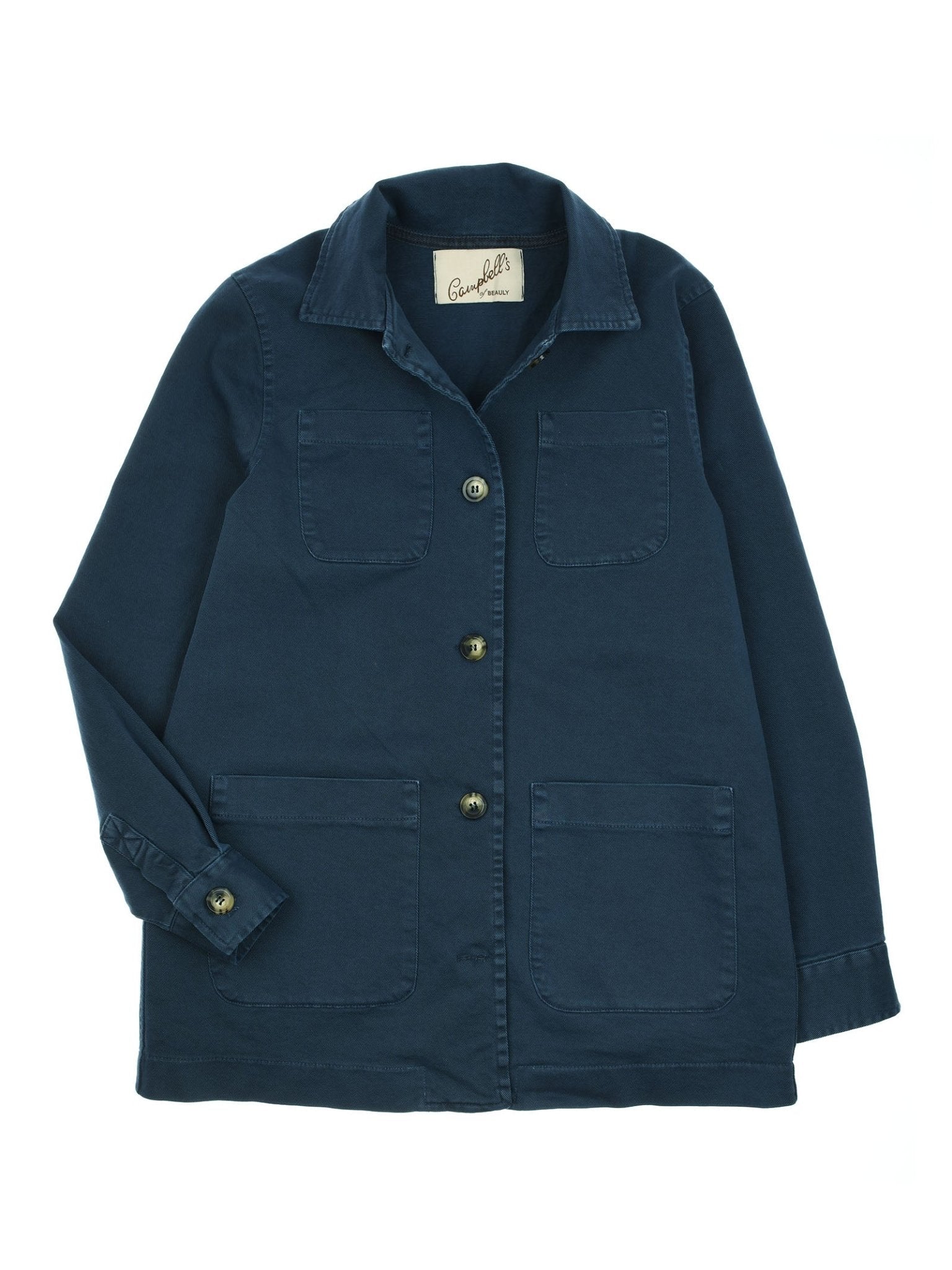 The Campbell's of Beauly Summer Chore Jacket features sturdy navy cotton, a relaxed fit, button-up front, collar, long sleeves, four front pockets, dark buttons, and an inside collar label—perfect for summer layering.