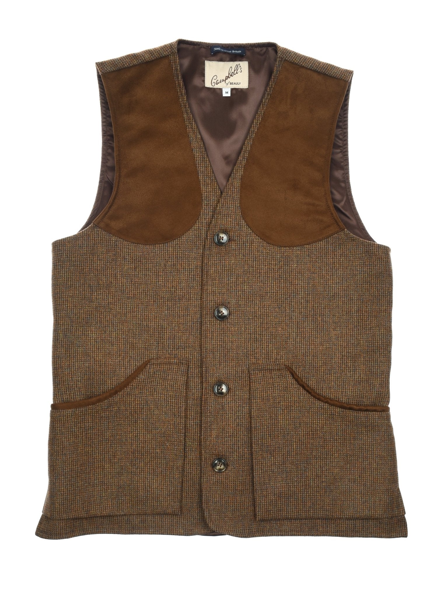 The Campbells of Beauly Tweed Shooting Waistcoat in Brown Melange features a button front, canvas cotton trim, dark brown suede shoulders, and two large pockets—ideal for countryside pursuits. Shown flat on a white background.